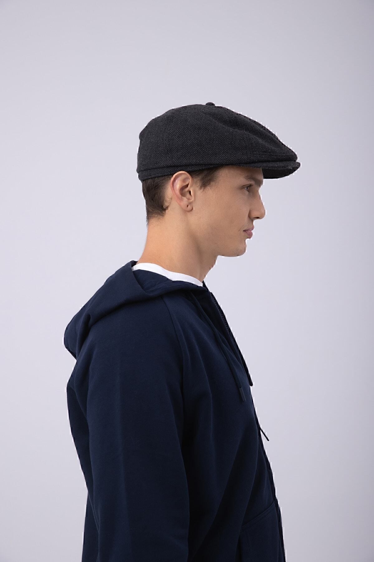 Nordbron-Men's Gray Cap Useful Plain Soft Textured Basic Seasonal Plain Model Leymond Plaid Pattern 4