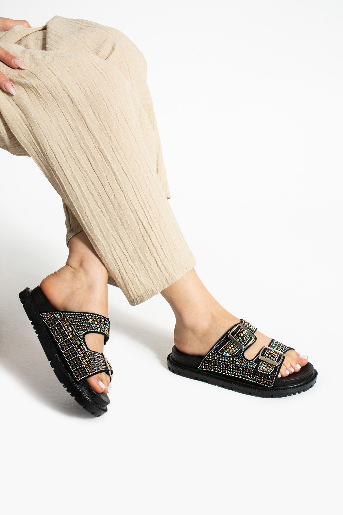 Moda Devrin-Black Double Buckle Stone Anatomical Comfortable Sole Slippers 3
