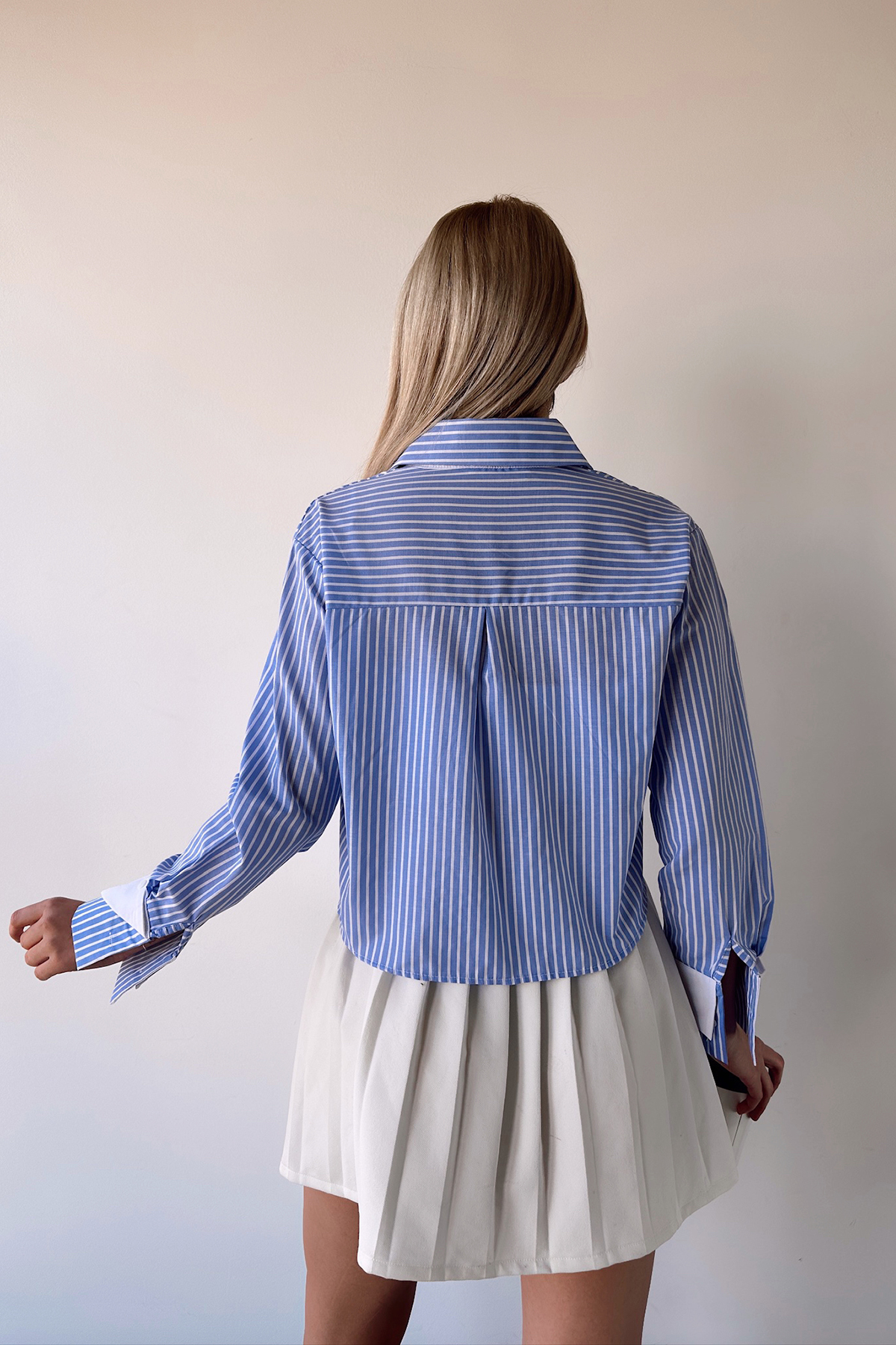 bacc Kadın Mavi-Beyaz Manşet Ve Cepleri Garnili Çizgili Oversize Crop Dokuma Gömlek görsel 6