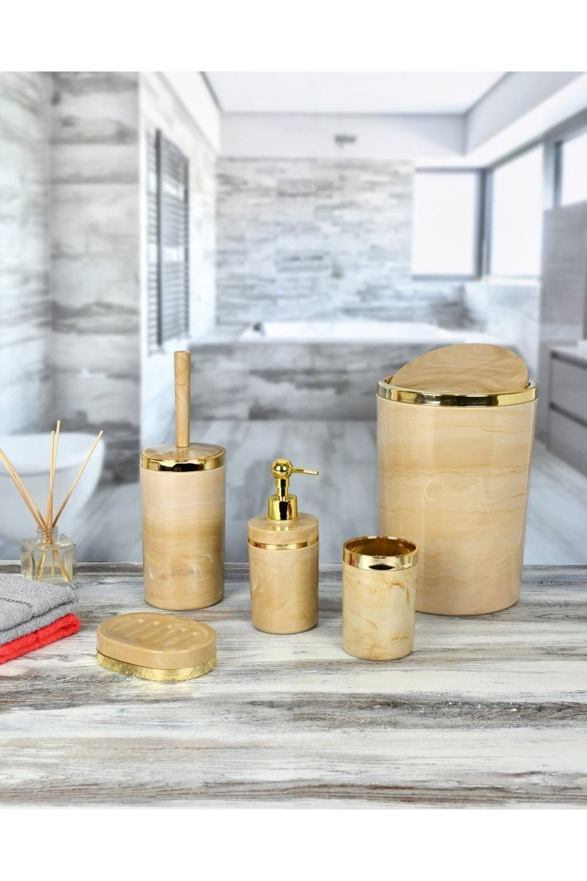 Acrylic Round 5-Piece Marble Pattern Bathroom Set Cream-gold