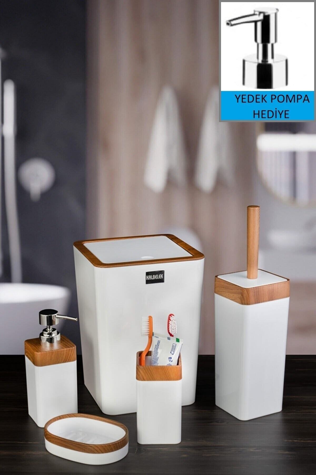 Square 5-Piece Bathroom Set with White Wood Pattern