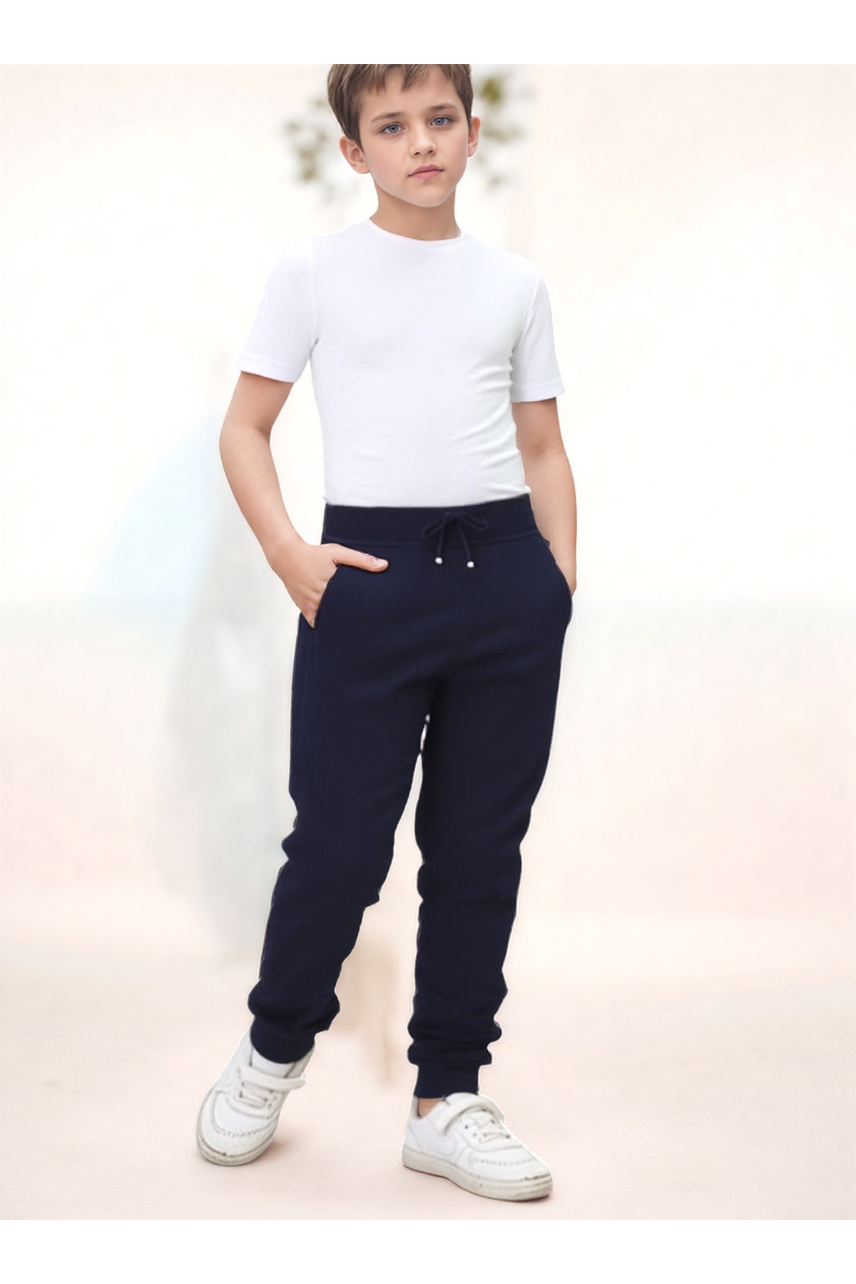 Jannock Boys' Knitted Cotton Combed School Trousers – 100% Cotton – Elastic Waist and Legs – Navy Blue Color