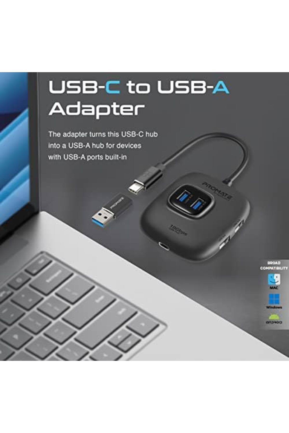 Promate-USB-C™ to USB Hub, Premium Multiport USB-C™ Hub with Removable USB-A Adapter 5