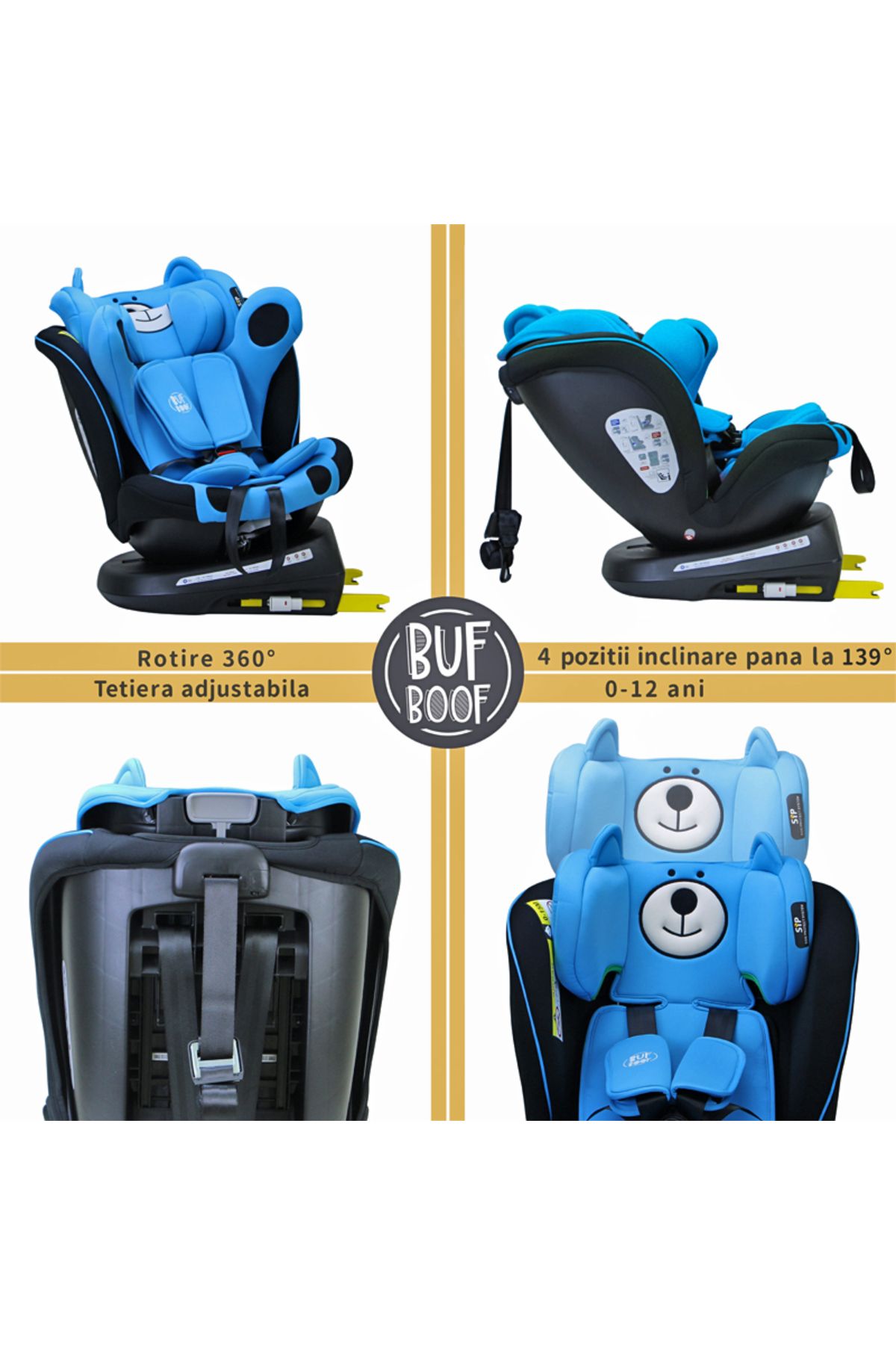 BUF BOOF-Scaun auto Tweety Plus iSize Buf Boof UrsBlue cu isofix Rotativ 360 Pozitie Somn Top Tether 0-36 kg 6