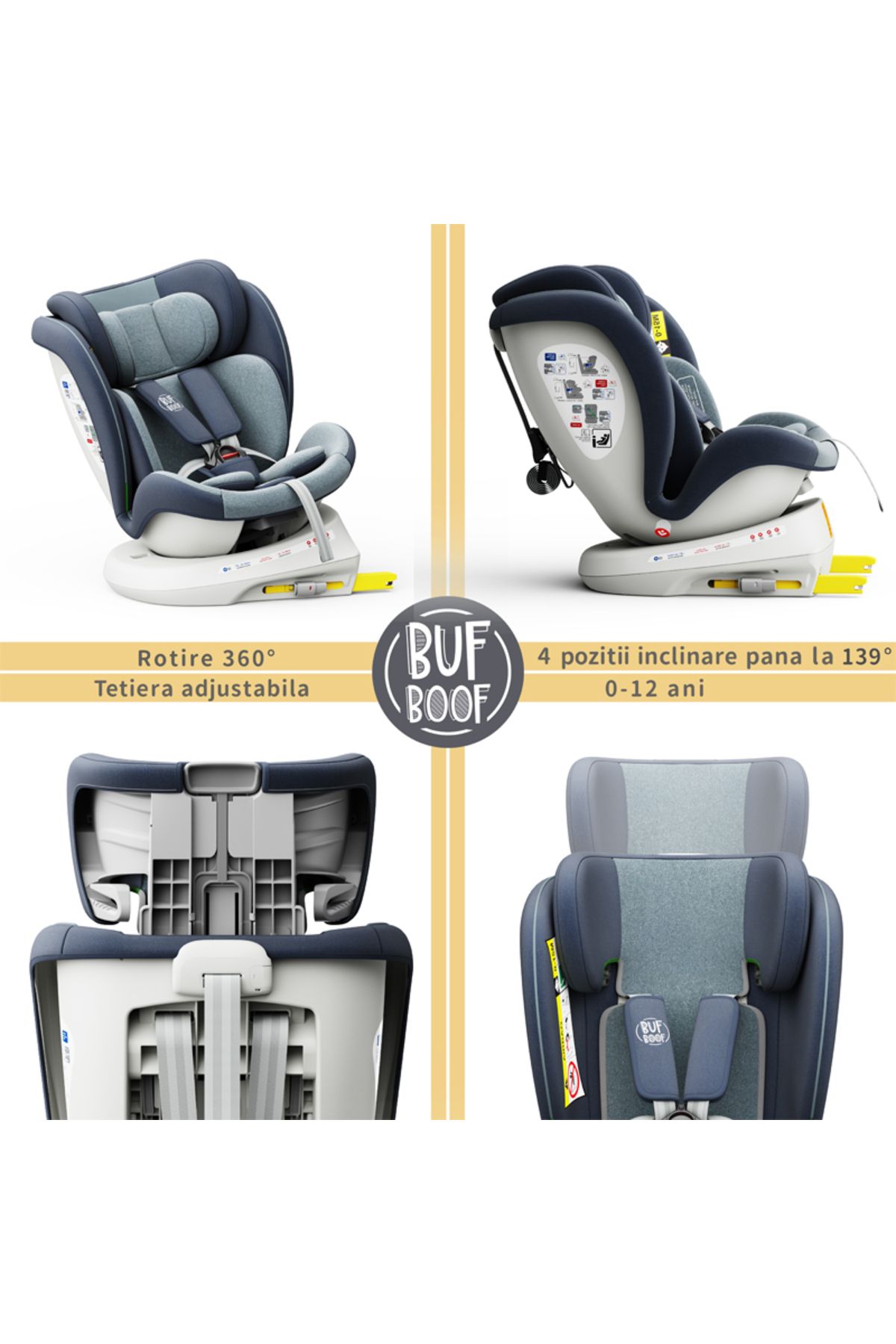 BUF BOOF-Scaun auto TWT Plus iSize Buf Boof Blue isofix Rotativ 360 Pozitie Somn Top Tether 40-150 cm 3
