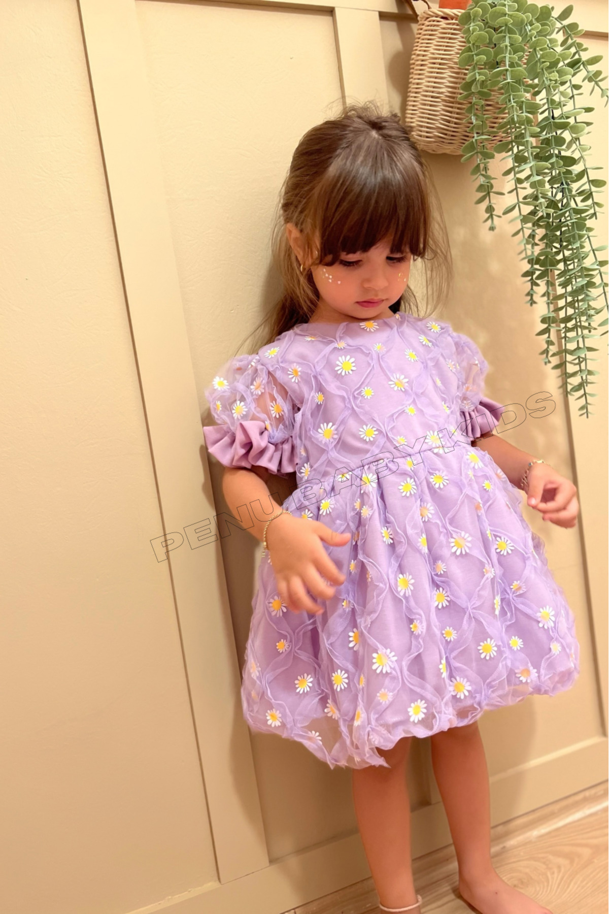 penu baby kids Lila Papatya Nakış Işlemeli Kısa Kol Kız Bebek - Çocuk Elbise - Elisa fotoğrafı 2 (önizleme)