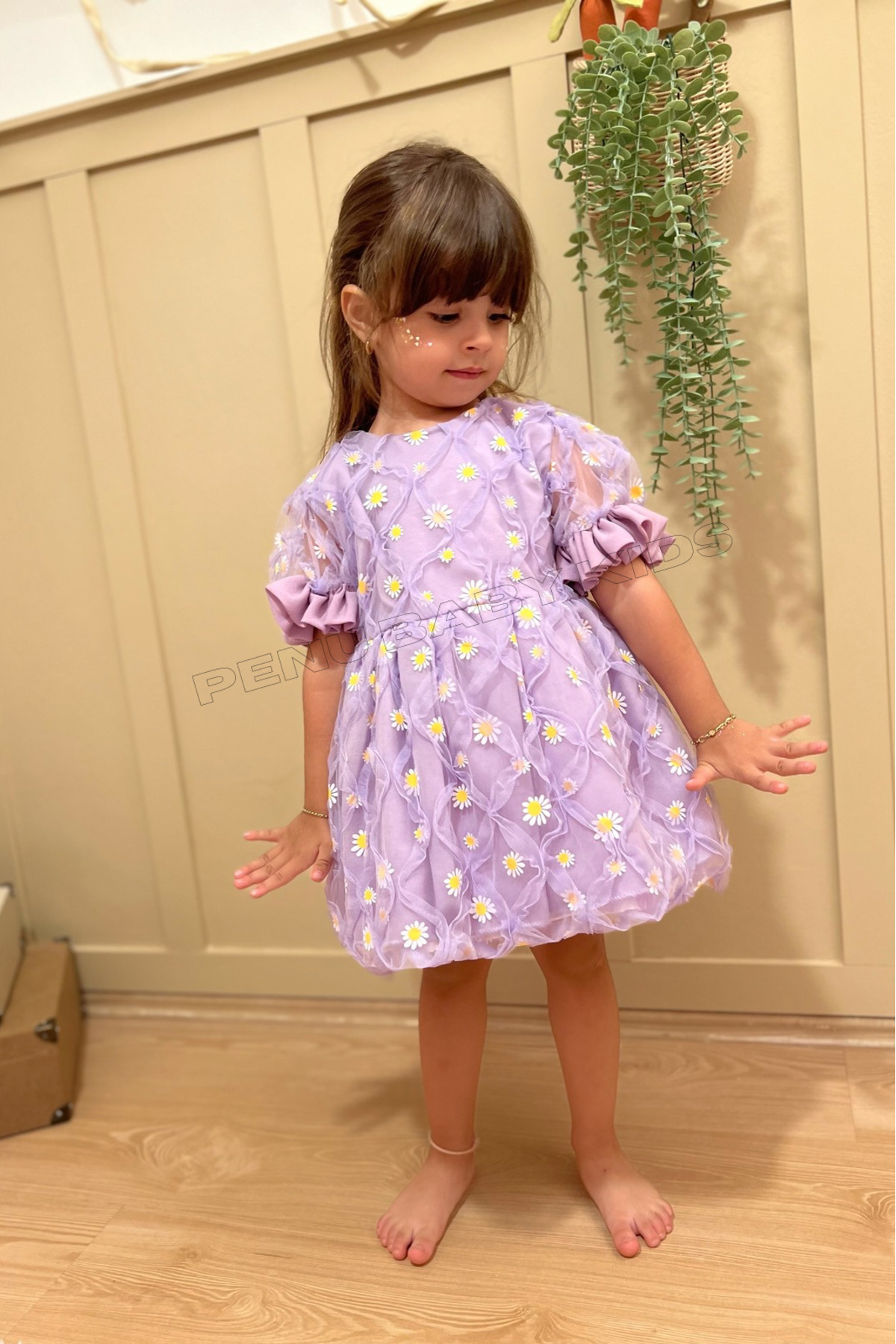 penu baby kids Lila Papatya Nakış Işlemeli Kısa Kol Kız Bebek - Çocuk Elbise - Elisa fotoğrafı 3 (önizleme)