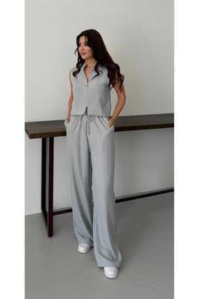 mor butik MOR BUTİK KADIN GRİ YELEKLİ TAKIM