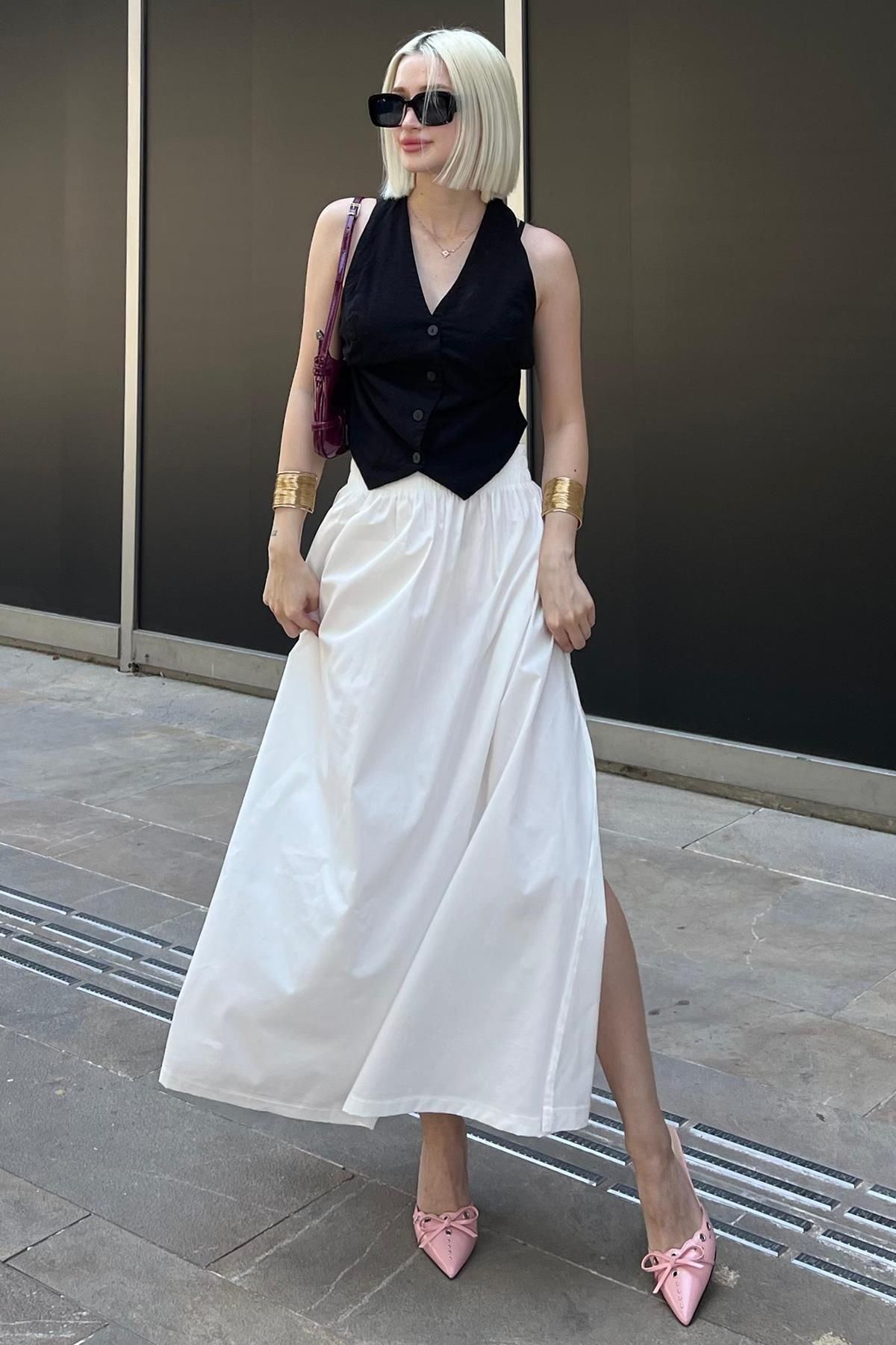 Madmext-MG2092 Model White Basic Midi hasított szoknya 6
