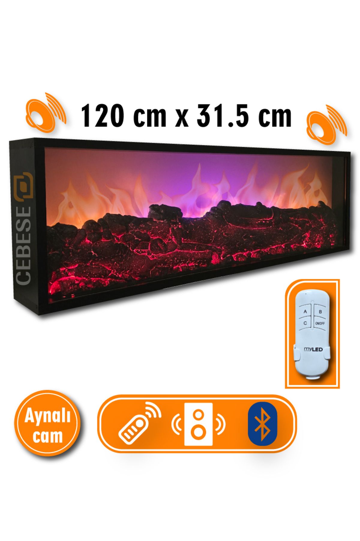 ROZIA Dekoratif Elektrikli Yapay Şömine - 120x31.5x16 Cm - Farklı Renk Modları,kumandalı, Bluetooth Ses.