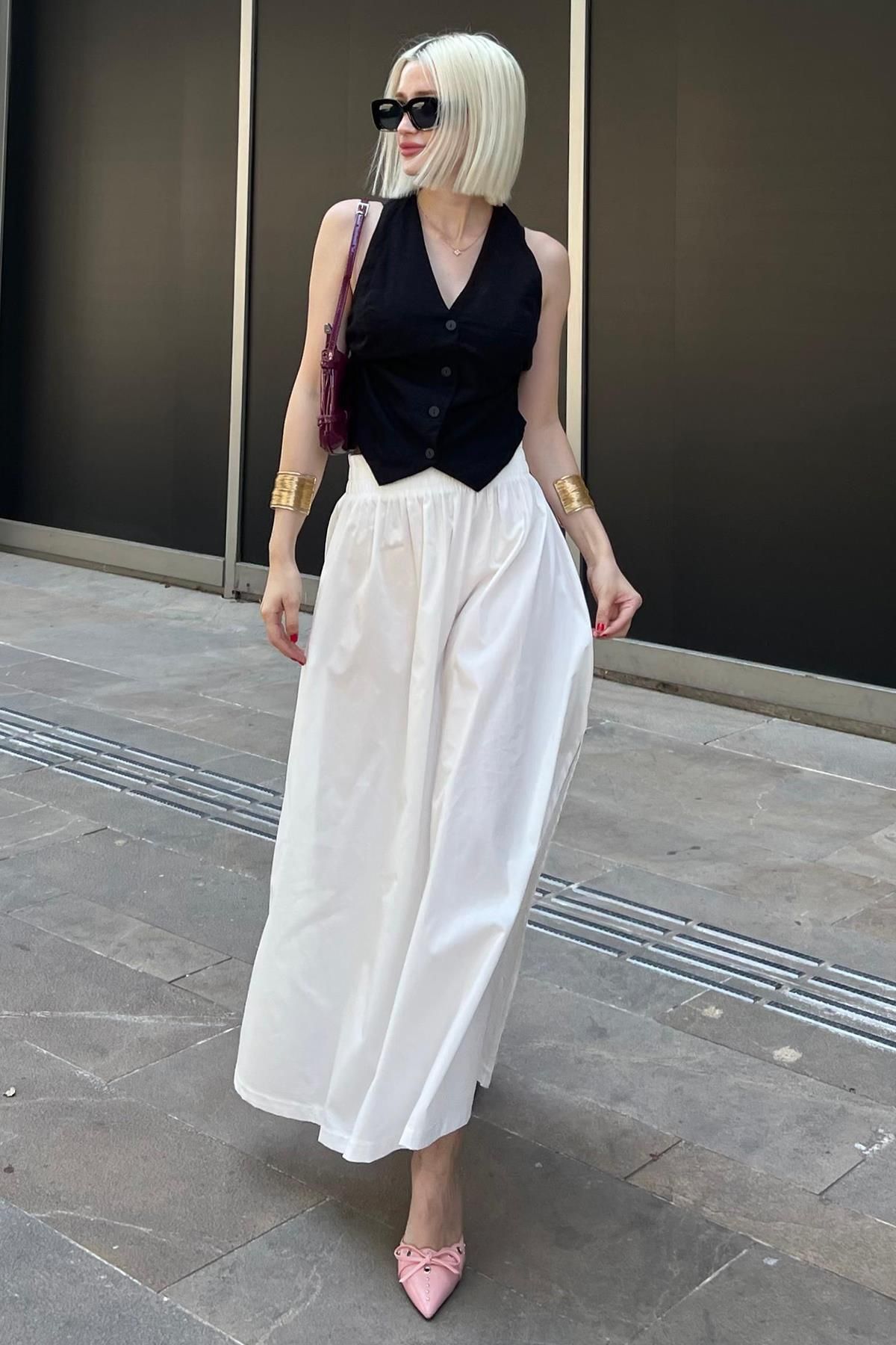 Madmext-MG2092 Model White Basic Midi hasított szoknya 4