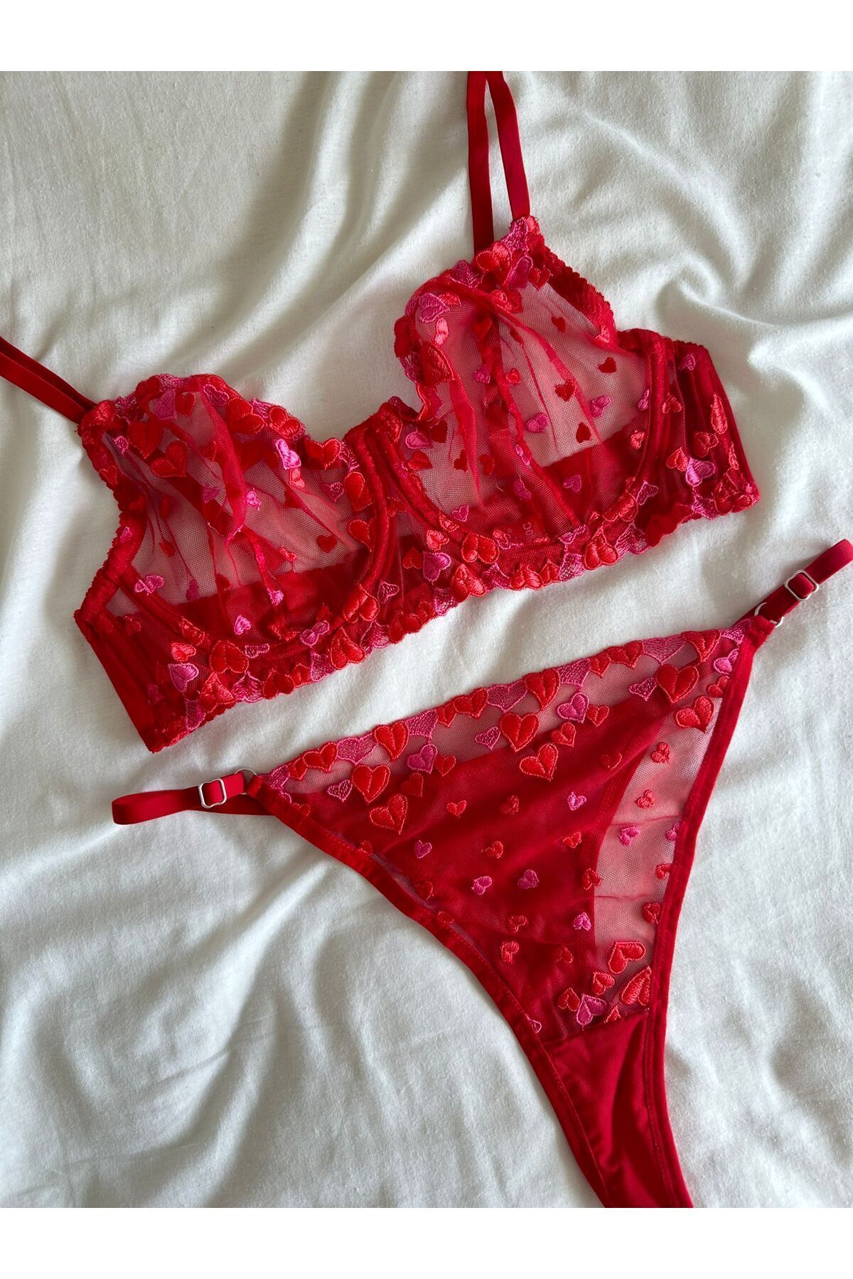 dem merys  Kırmızı Kalpli C Kap Büyük Beden Sütyen Takımı - Görsel 2