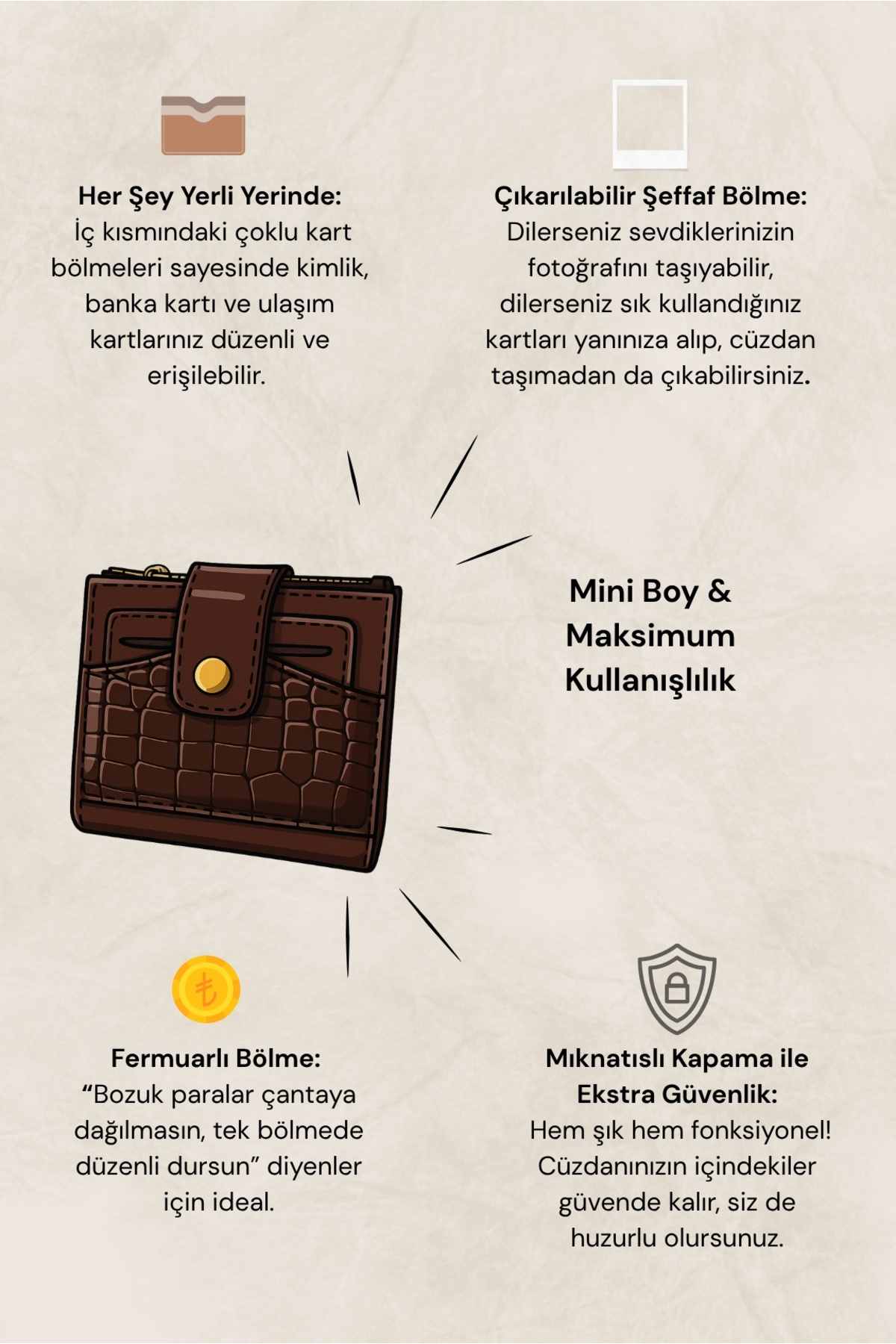 Yuka Atelier  Ela Orta Boy Ayrılabilir Kartlık Detaylı Suni Deri Cüzdan - Görsel 9