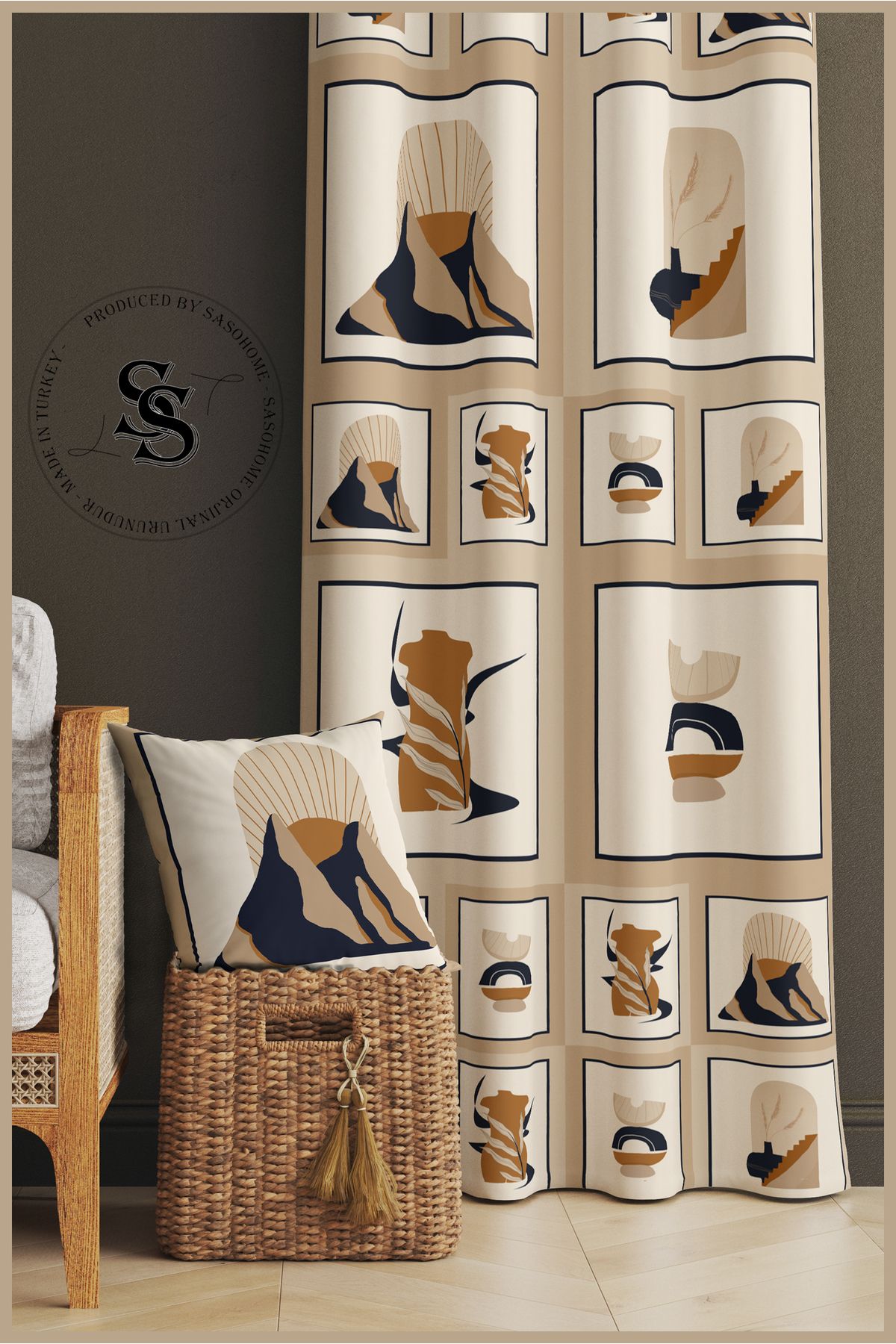 SasoHome-Set of 4 Digital Printed Throw Pillow Covers with Modern Ethnic Objects Pattern on a Cream Background 8