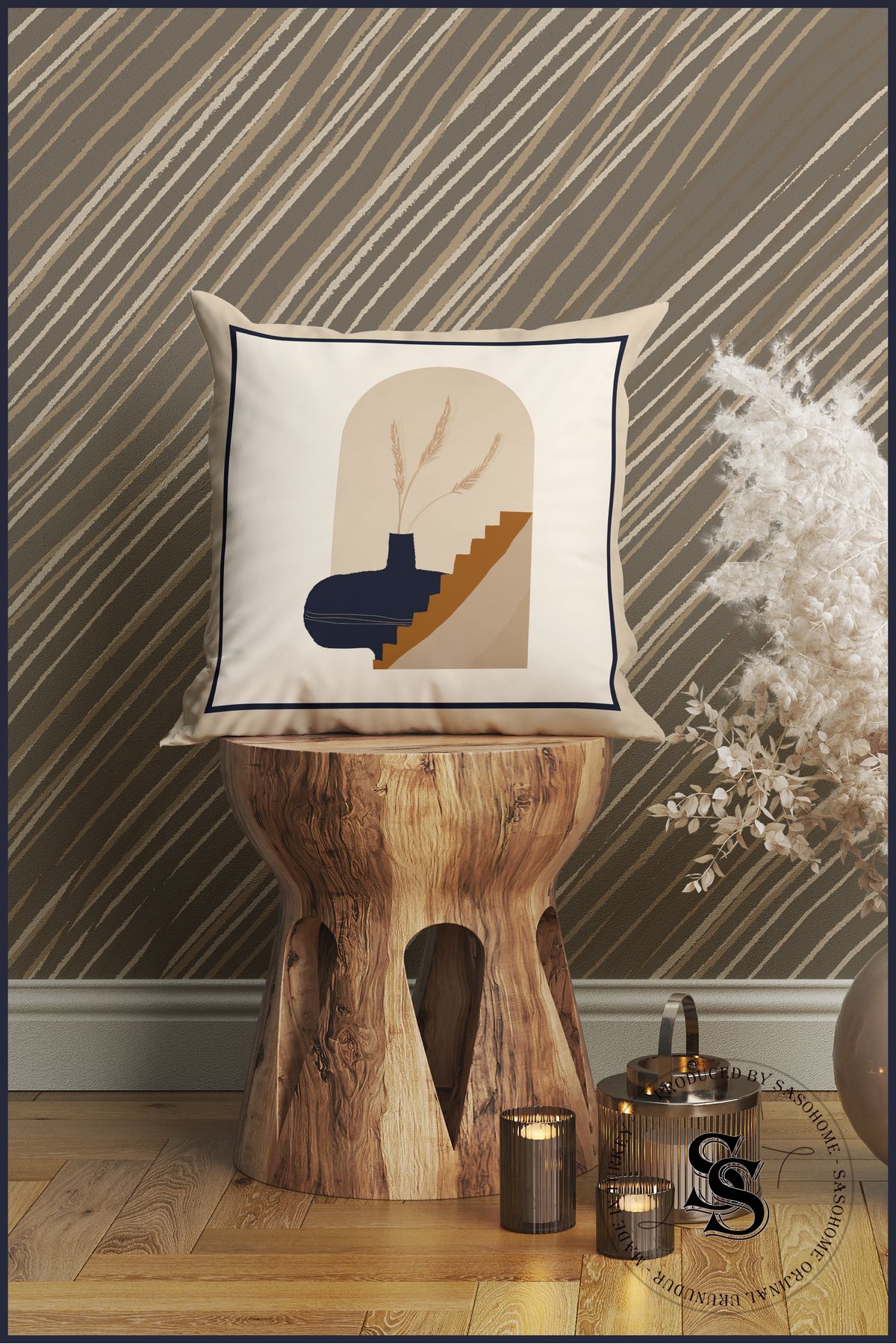SasoHome-Set of 4 Digital Printed Throw Pillow Covers with Modern Ethnic Objects Pattern on a Cream Background 6