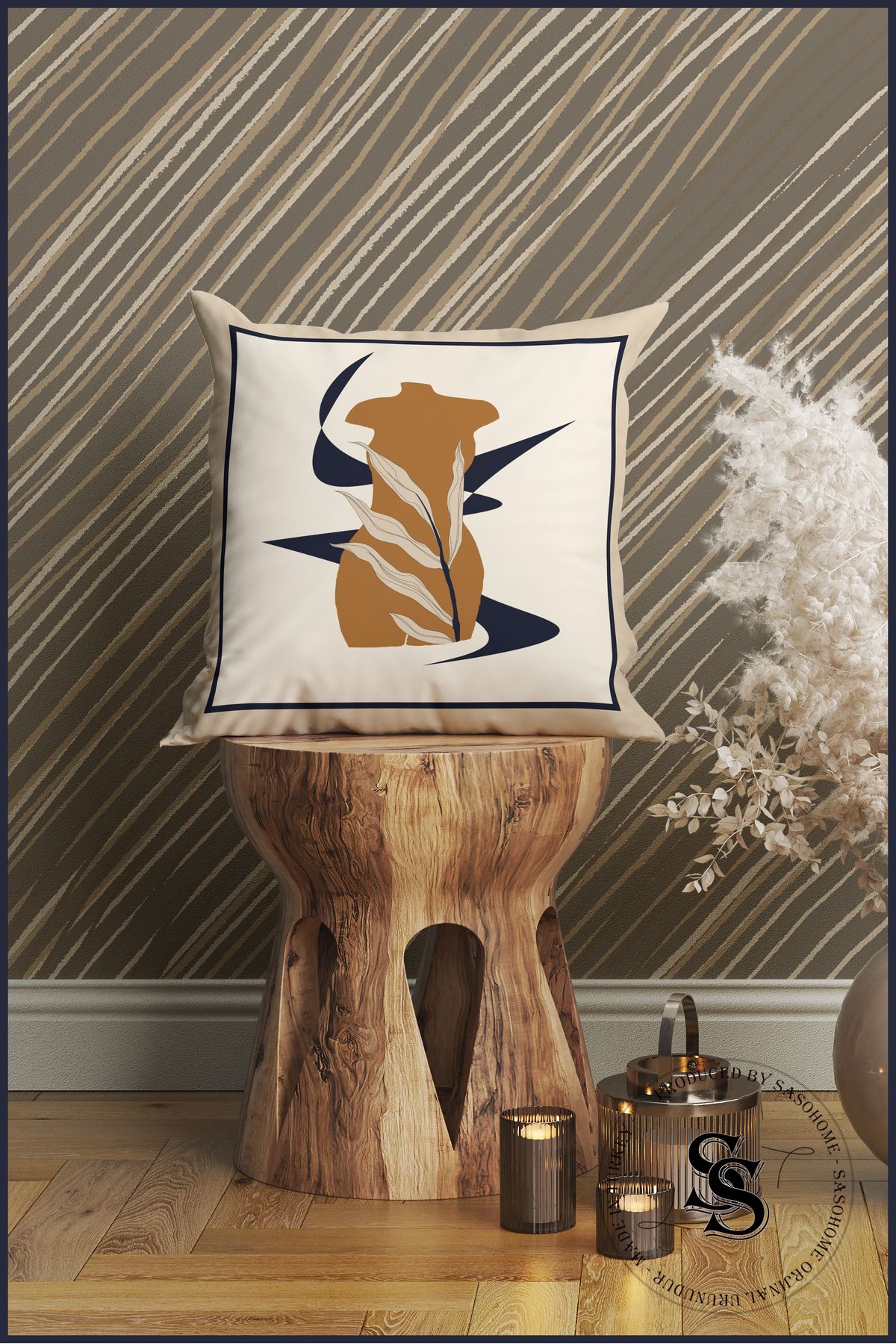 SasoHome-Set of 4 Digital Printed Throw Pillow Covers with Modern Ethnic Objects Pattern on a Cream Background 5