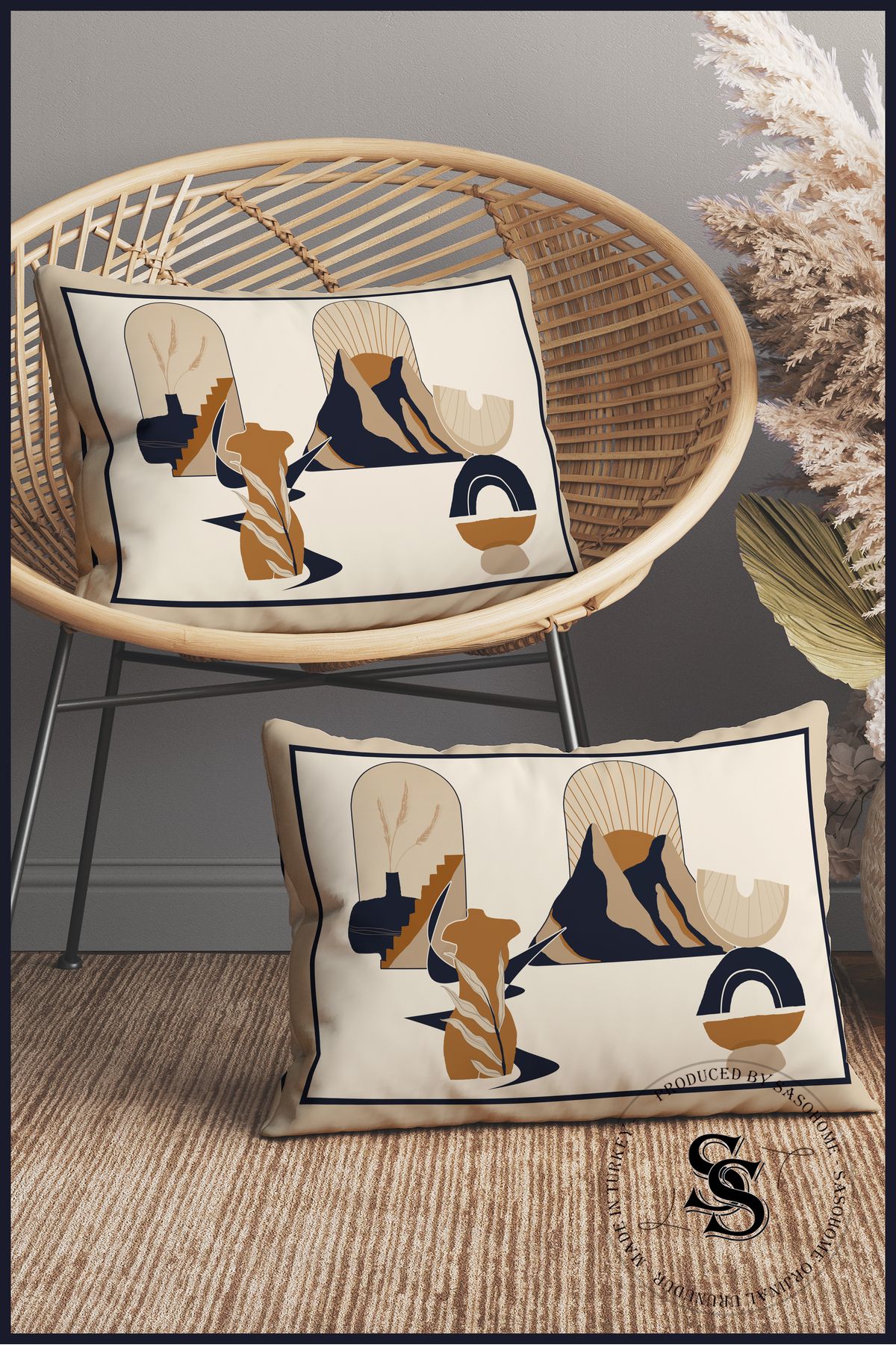 SasoHome-Set of 4 Digital Printed Throw Pillow Covers with Modern Ethnic Objects Pattern on a Cream Background 7
