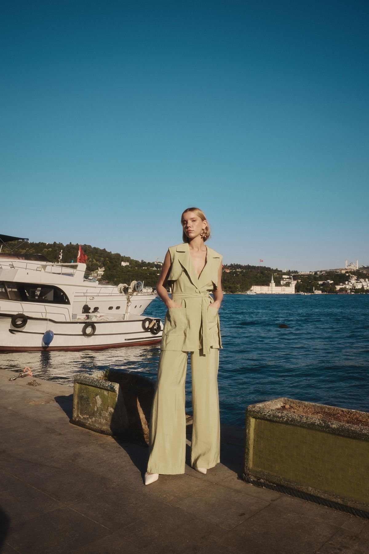 Sateen-Pantaloni de in cu talie înaltă - verde ulei 2