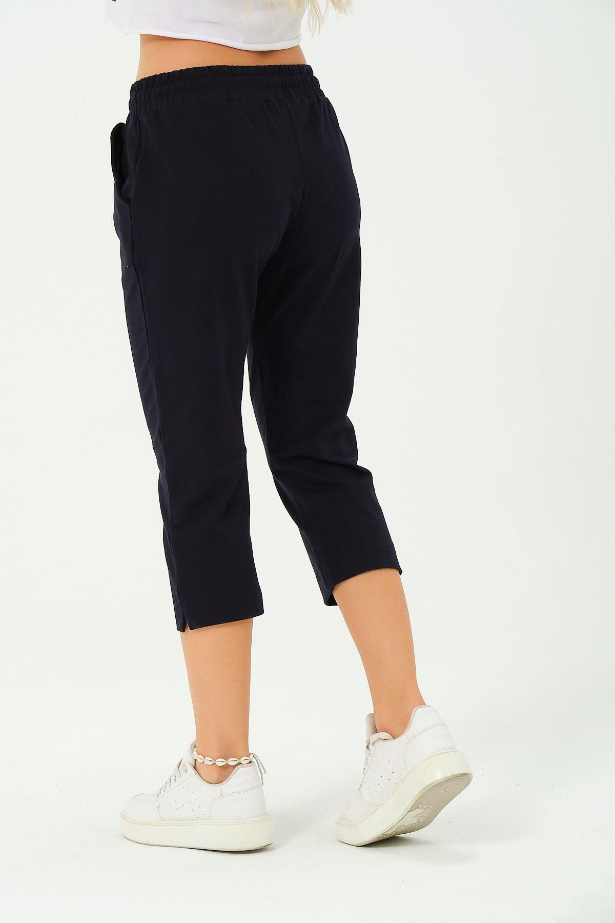 Rich-Pantaloni Capri de damă cu talie elastică, cu croială relaxată, de zi cu zi, uni, bleumarin 7