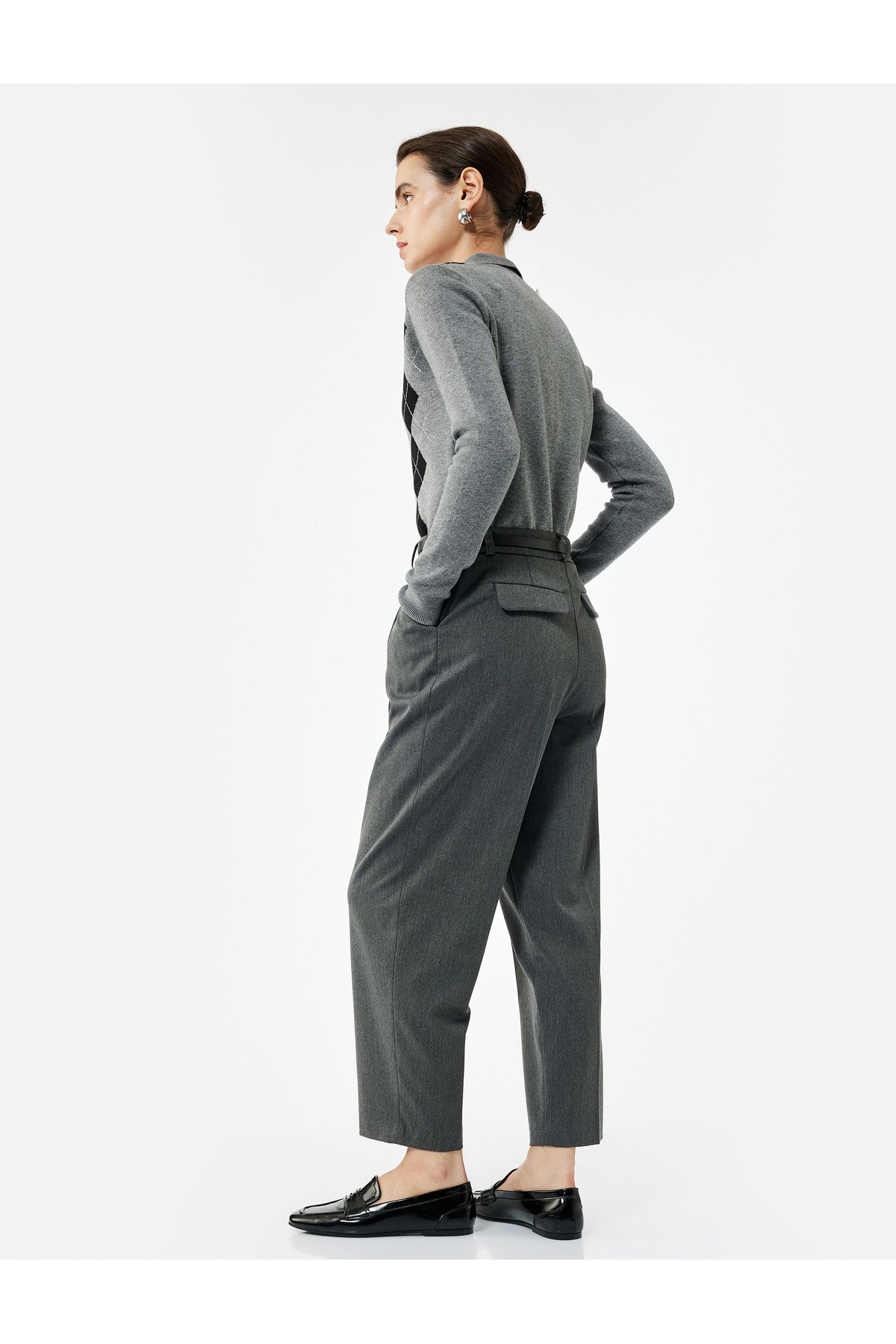 Koton-High Waist Oversize Cigarette Pants with Belt and Pockets 3