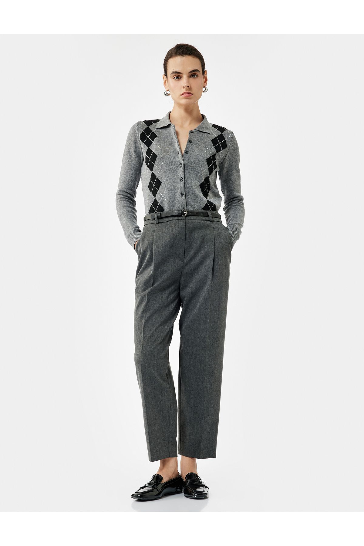 Koton-High Waist Oversize Cigarette Pants with Belt and Pockets 1