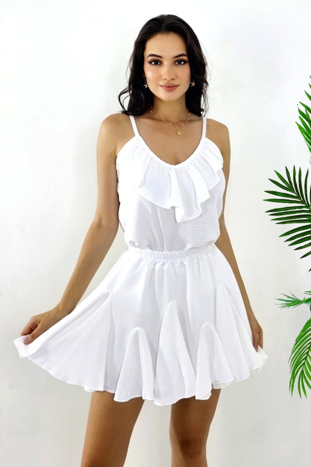 FashionForYou-Calipso summer set with crepe texture, with top and 3D effect trouser skirt, WHITE, Size S/M, S/M 4