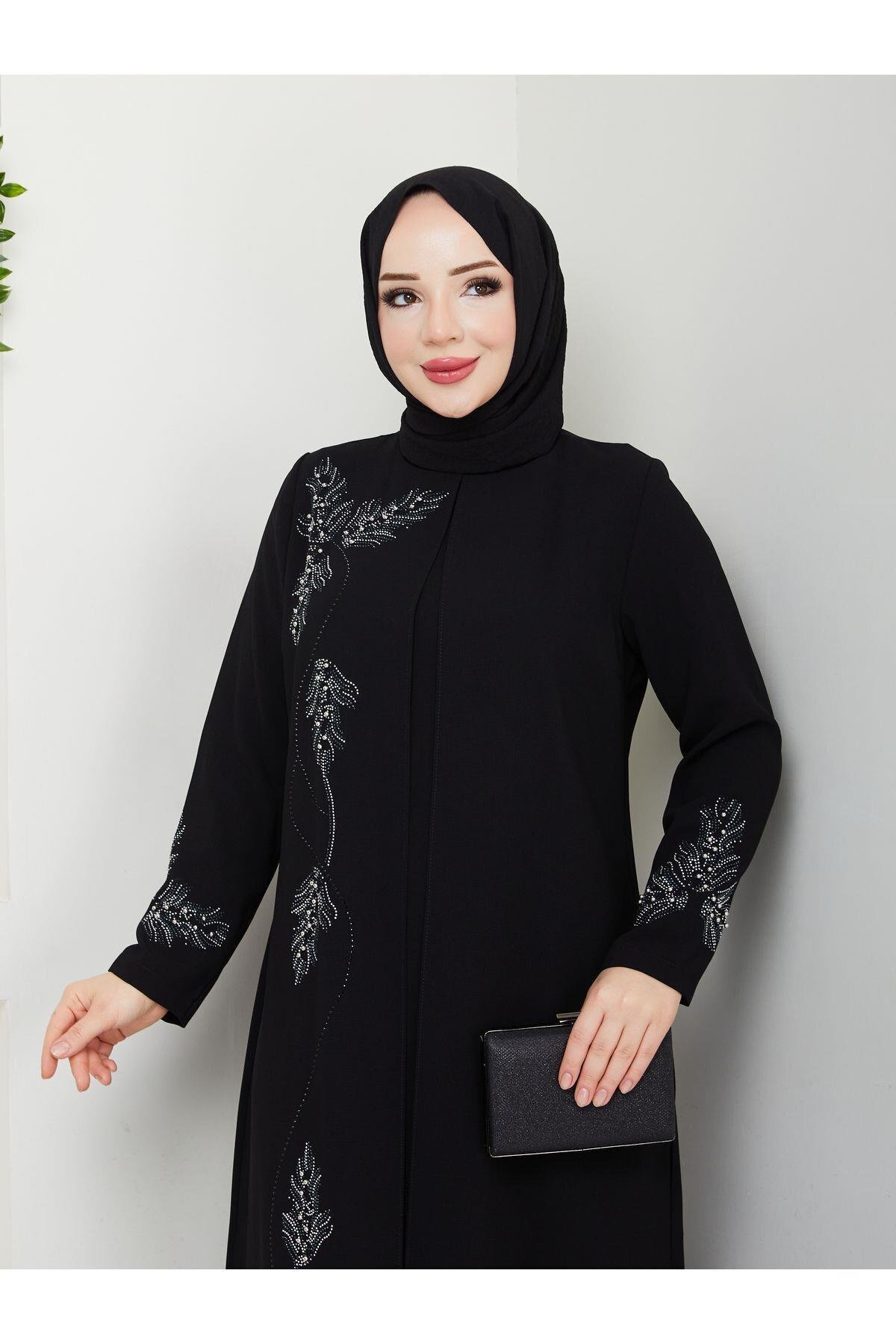 ESLEMNUR Büyük Beden Yaprak Taşlı Anne Elbisesi En7008