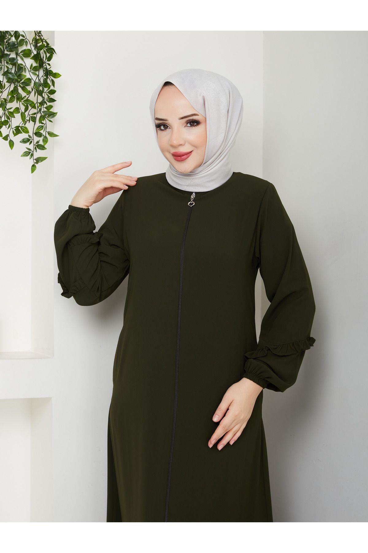 ESLEMNUR Gündelik Hac Ve Umrelik Köşeli Büzgü Detaylı Ferace -haki