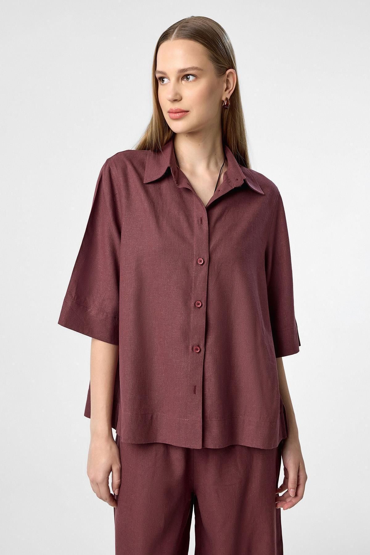 Antioch-Burgundy Linen Blend Women's Shirt 3