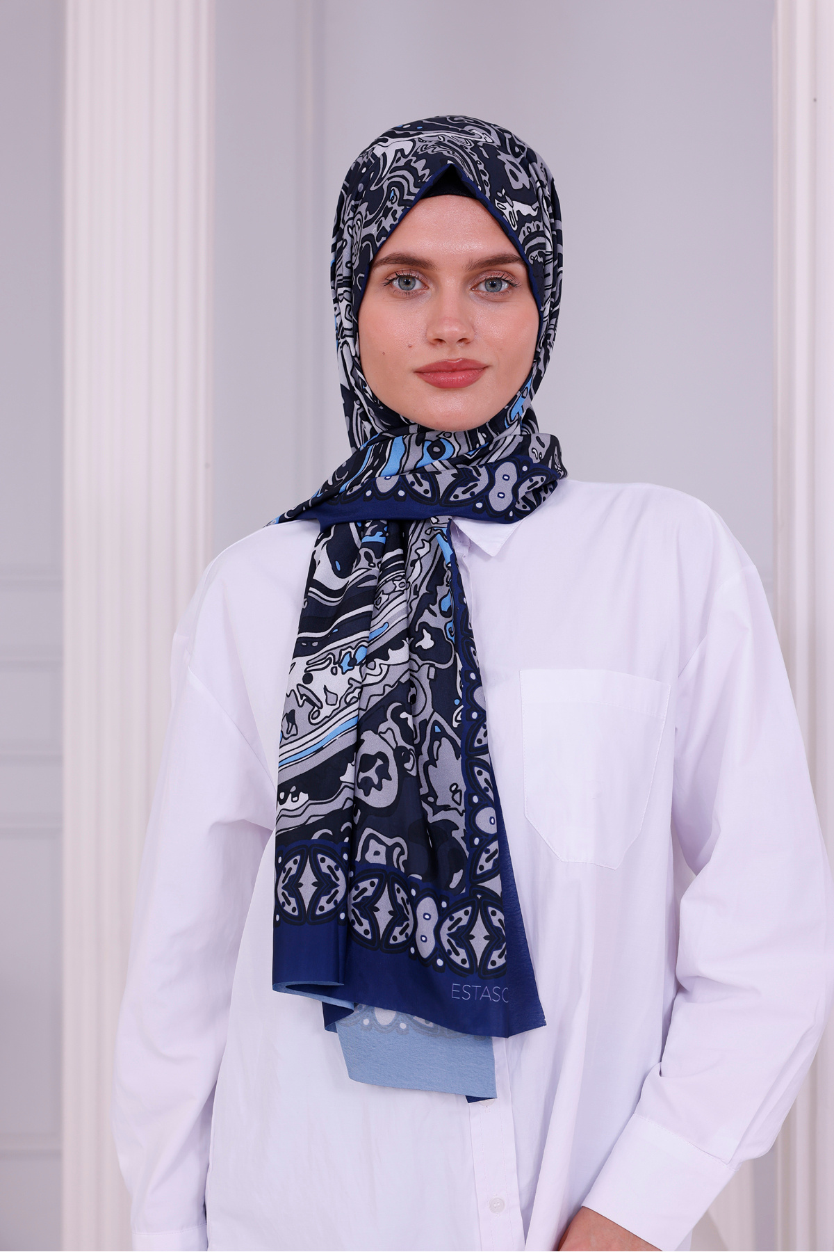 tarzınısec-Retro Patterned Women's Shawl Blue Estascarf 6