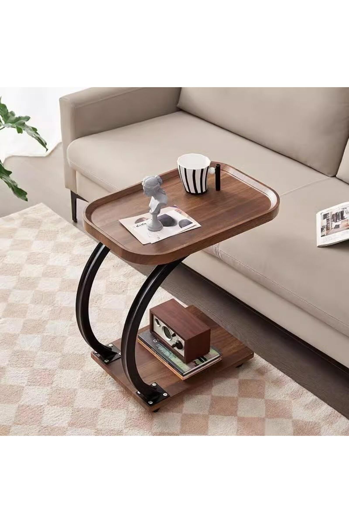 Generic-C Shaped Side end Table With Wheels, Sofa end Table, 2 Layer Wooden top Tray for Living Room Bedroom 4