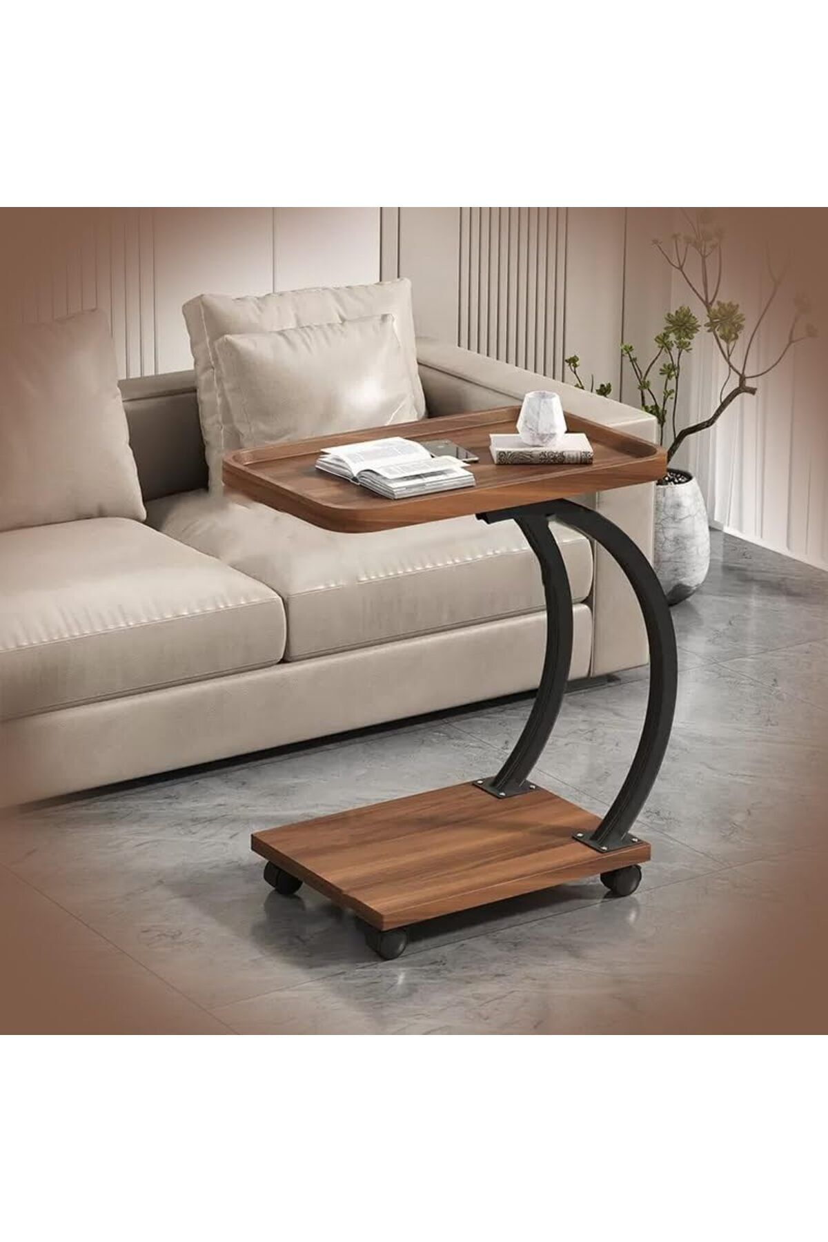 Generic-C Shaped Side end Table With Wheels, Sofa end Table, 2 Layer Wooden top Tray for Living Room Bedroom 8