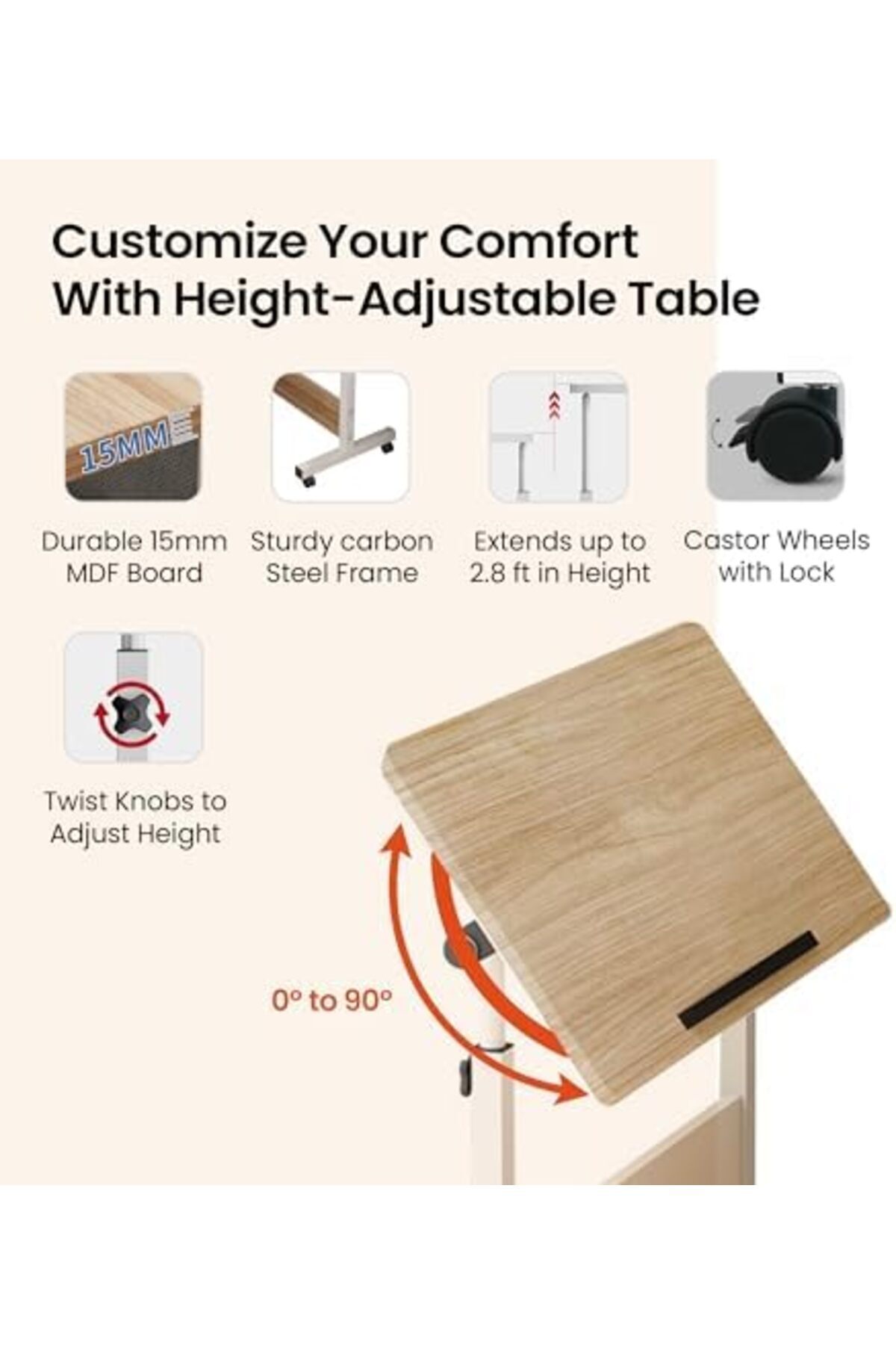 Generic-Multipurpose Manual Height Adjustable, Movable Desk with Wheels for Home, Office, Couch, Bedside Tab 6