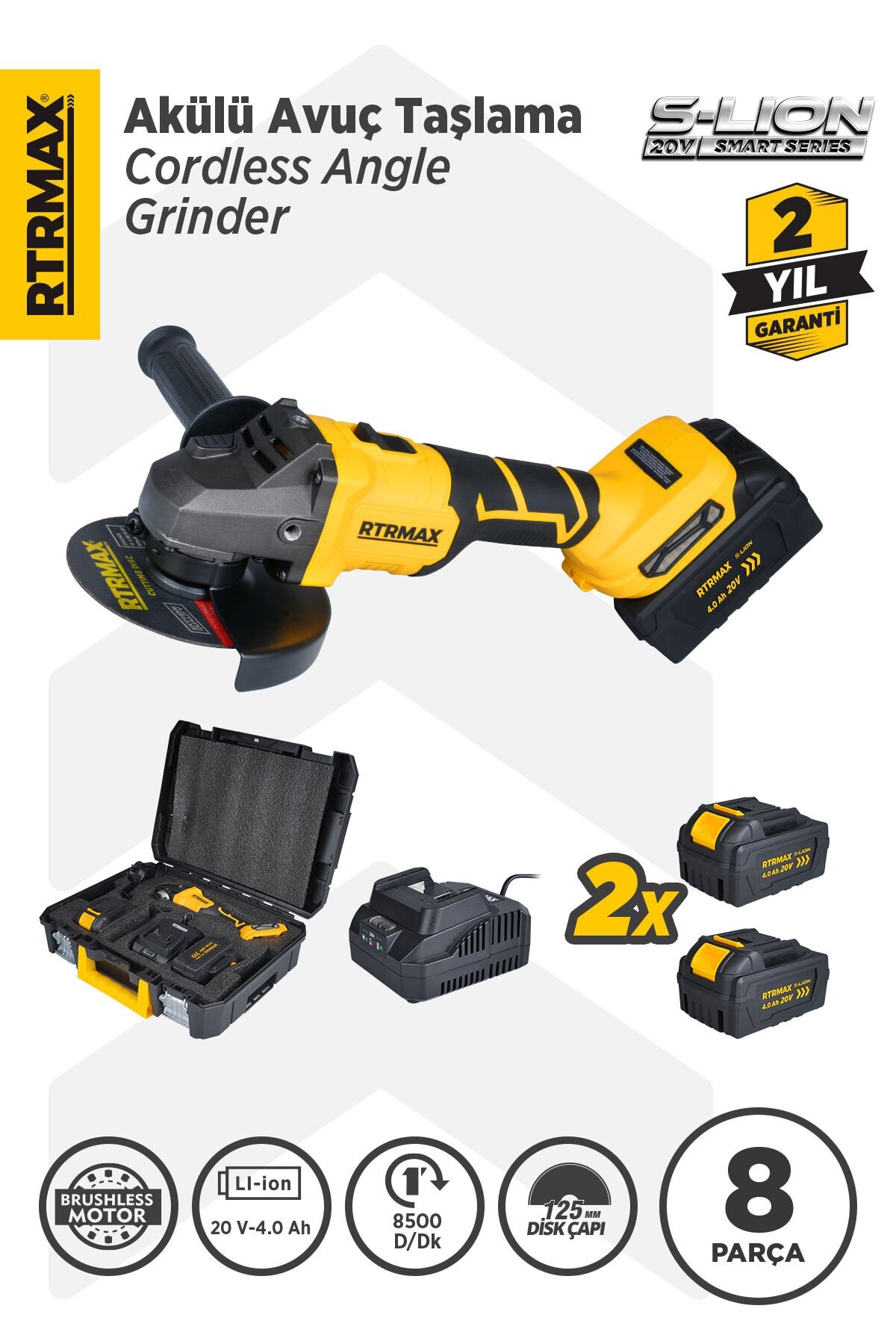 Rts5050 Rechargeable Palm Grinder Brushless 125mm 8,500 Rpm 2x4 Ah 20v Dual Battery S-lion - Battery Included
