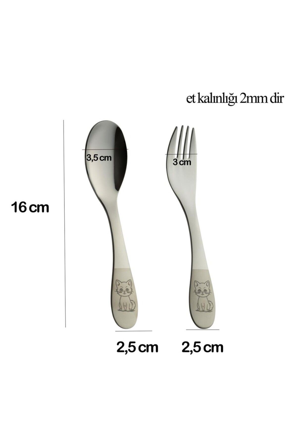 emze çocuk-Children's Fork Spoon Set Titanium Plated Cat Pattern 2