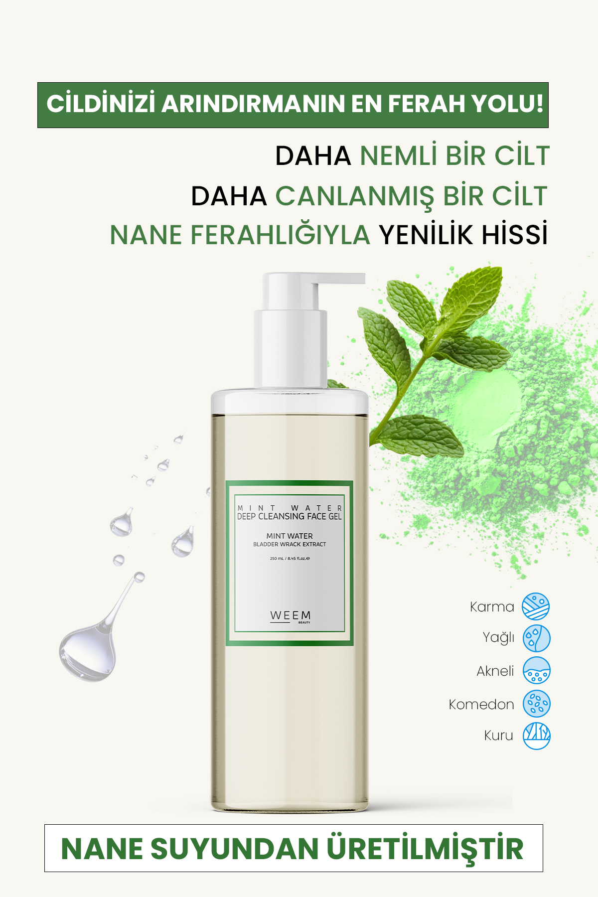 %100 Nane Suyu Siyah Nokta Ve Akne Karşıtı Yüz Temizleme Jeli –arındırıcı & Ferahlatıcı–150 ml — PDC001 — تصویر 2 از 5
