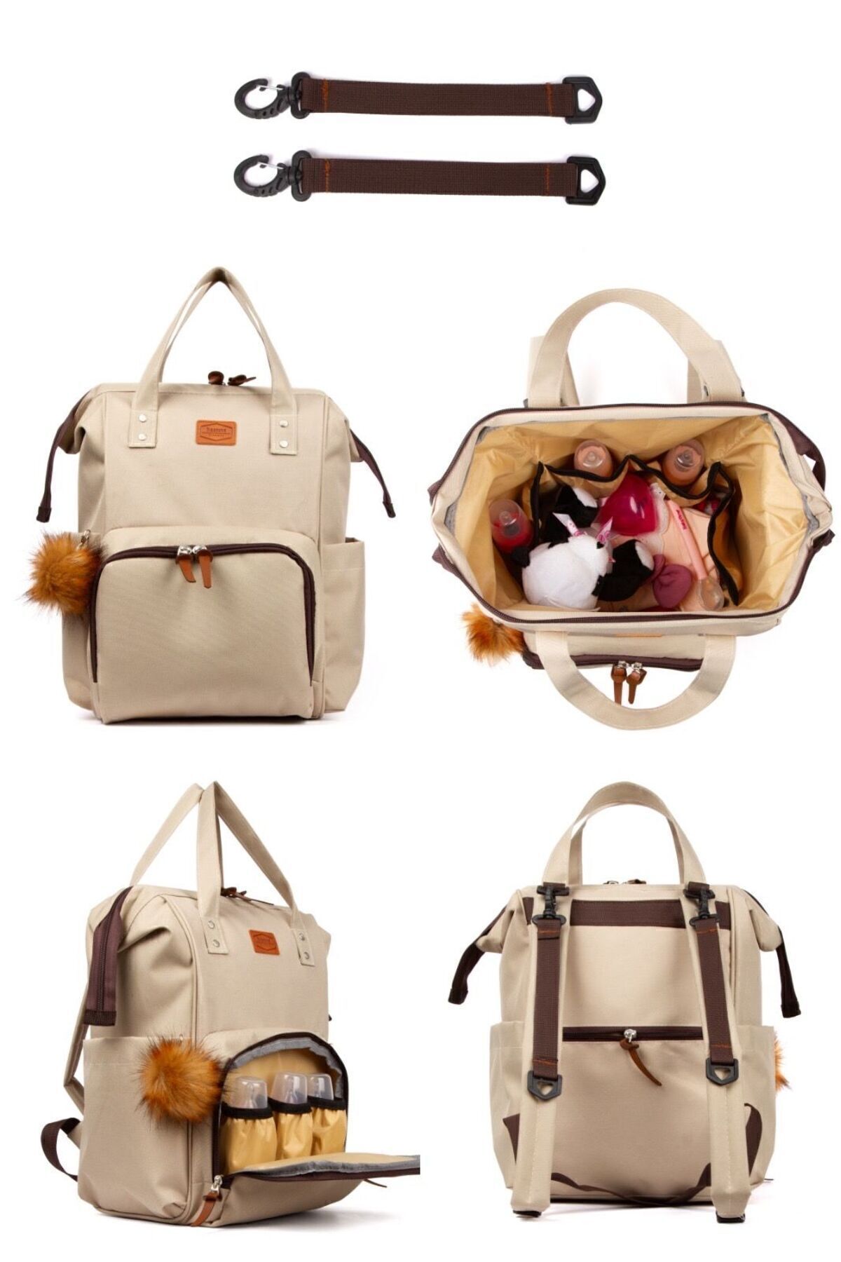 Halk Sepeti Anne Bebek Bakım Sırt-Omuz Çantası Ponponlu Su Geçirmez Termal Biberon Bölmeli Puset Askı Hediyeli fotoğrafı 3 (önizleme)