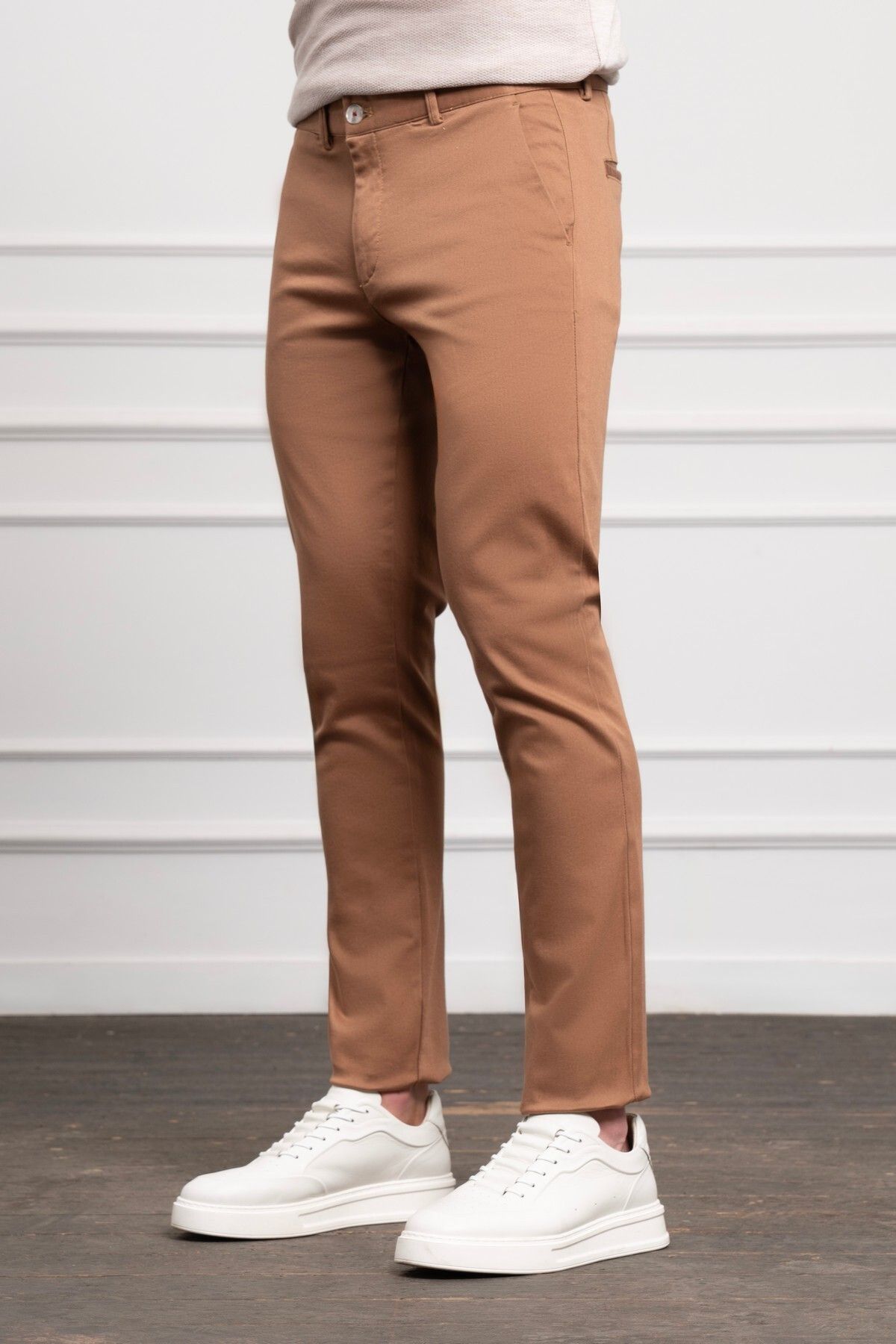 Morven-Мъжки чинос панталон Slim Fit с прилепнала кройка в камилен цвят 2