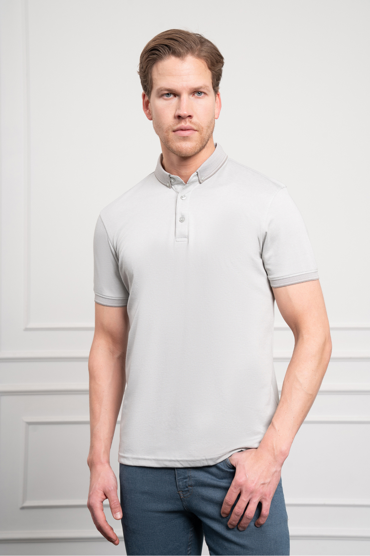 Morven-Tricou pentru bărbați, gri Trend Mercerized, cu guler cu nasturi, cu potrivire dinamică 3