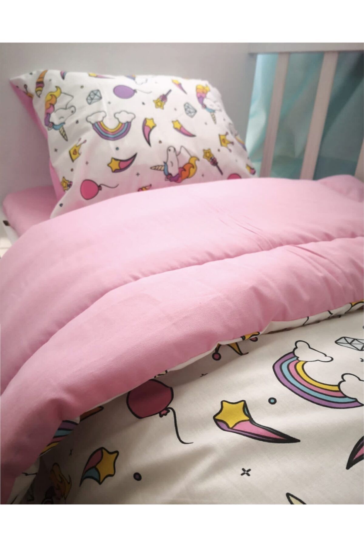 Bebek Özel %100 Pamuklu Çocuk 120x200 Montessori Yastık Çarşaf Yorgan Unicorn Pembe (YORGANLI) fotoğrafı 4 (önizleme)