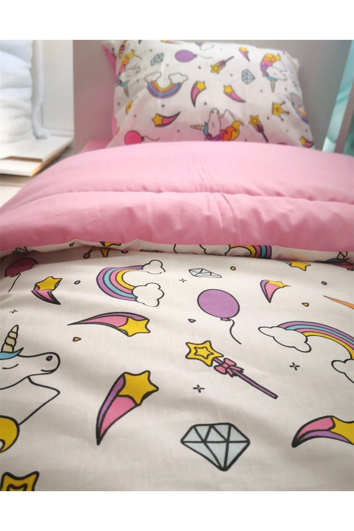Bebek Özel Çocuk Nevresim Takımı 120x200 Montessori Yatak Için Beyaz Unicorn Pembe (yorgansız) fotoğrafı 3 (önizleme)