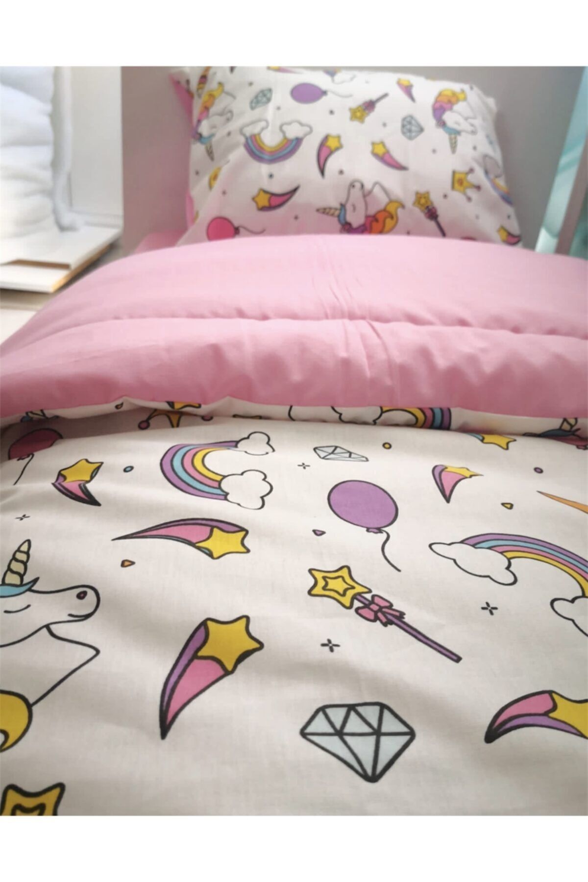 Bebek Özel Pamuklu Çocuk 70x160 Beşik Yastık Çarşaf Yorgan Seti Unicorn Pembe (Yorganlı) fotoğrafı 3 (önizleme)