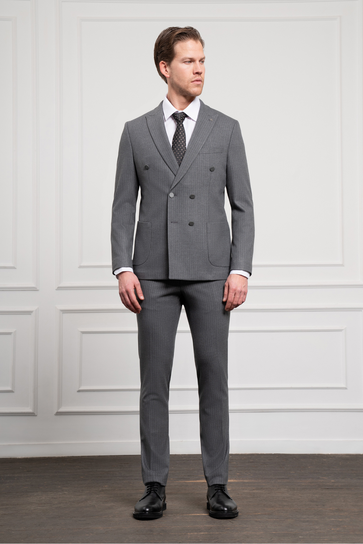 Morven-Men's Smoked Trend Double Breasted Slim Fit Slim Fit Pointed Collar Suit 2
