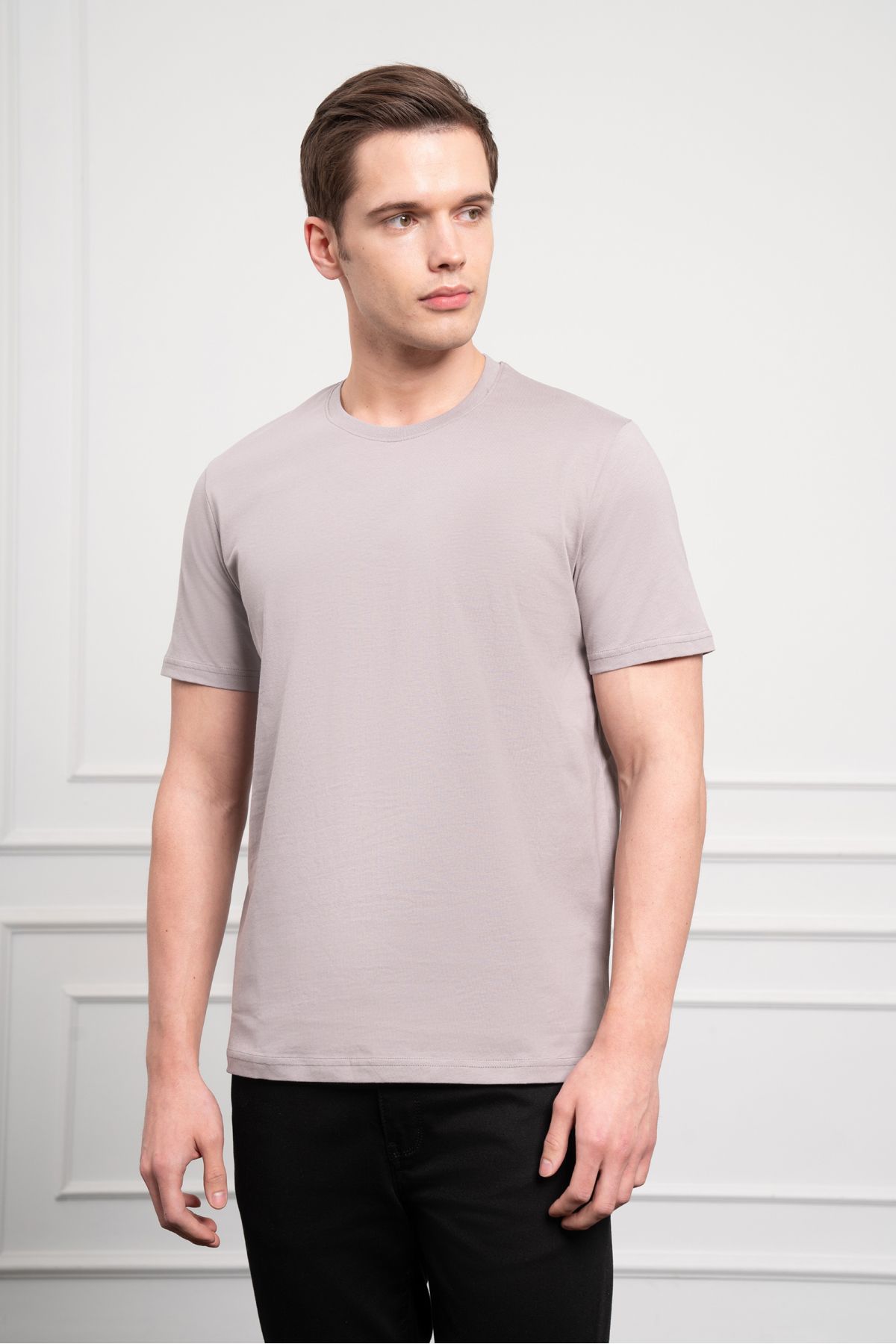 Morven-Pánské SVĚTLE ŠEDÉ bavlněné tričko Basic Crew Neck Dynamic Fit 3
