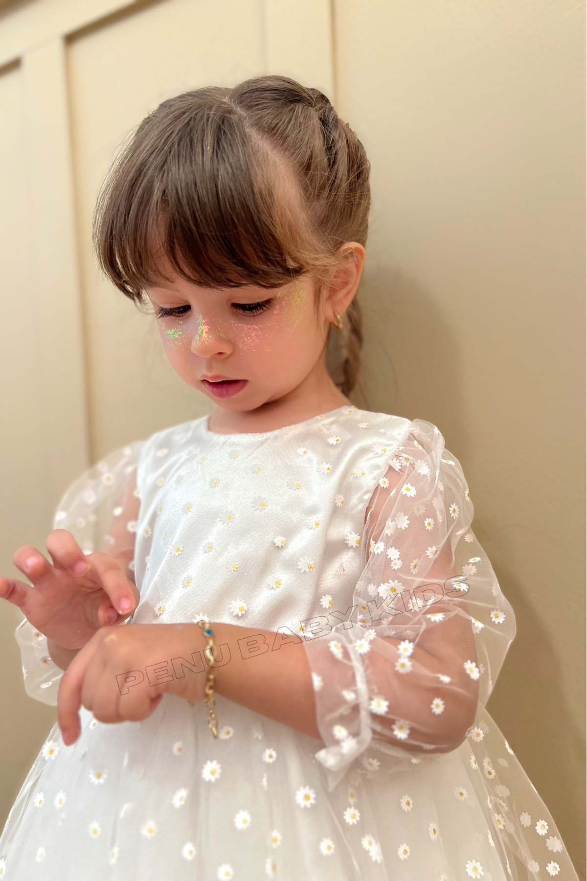 penu baby kids Beyaz Çiçek Desenli Tül Etekli Ve Truvakar Tül Kol Kız Bebek & Kız Çocuk Elbise - Flower