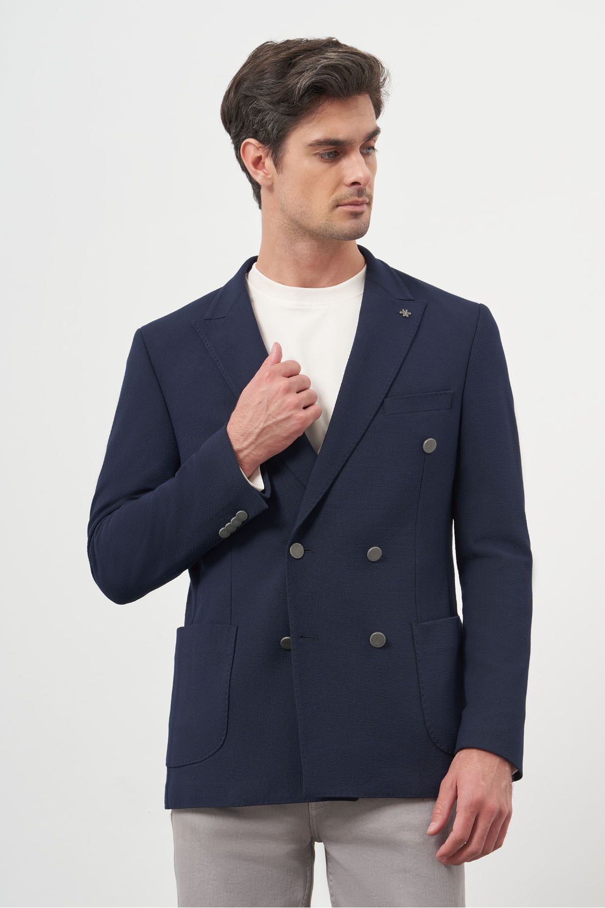 Morven-Мъжко тъмносиньо плетено сезонно спортно яке Seersucker Slim Fit 2