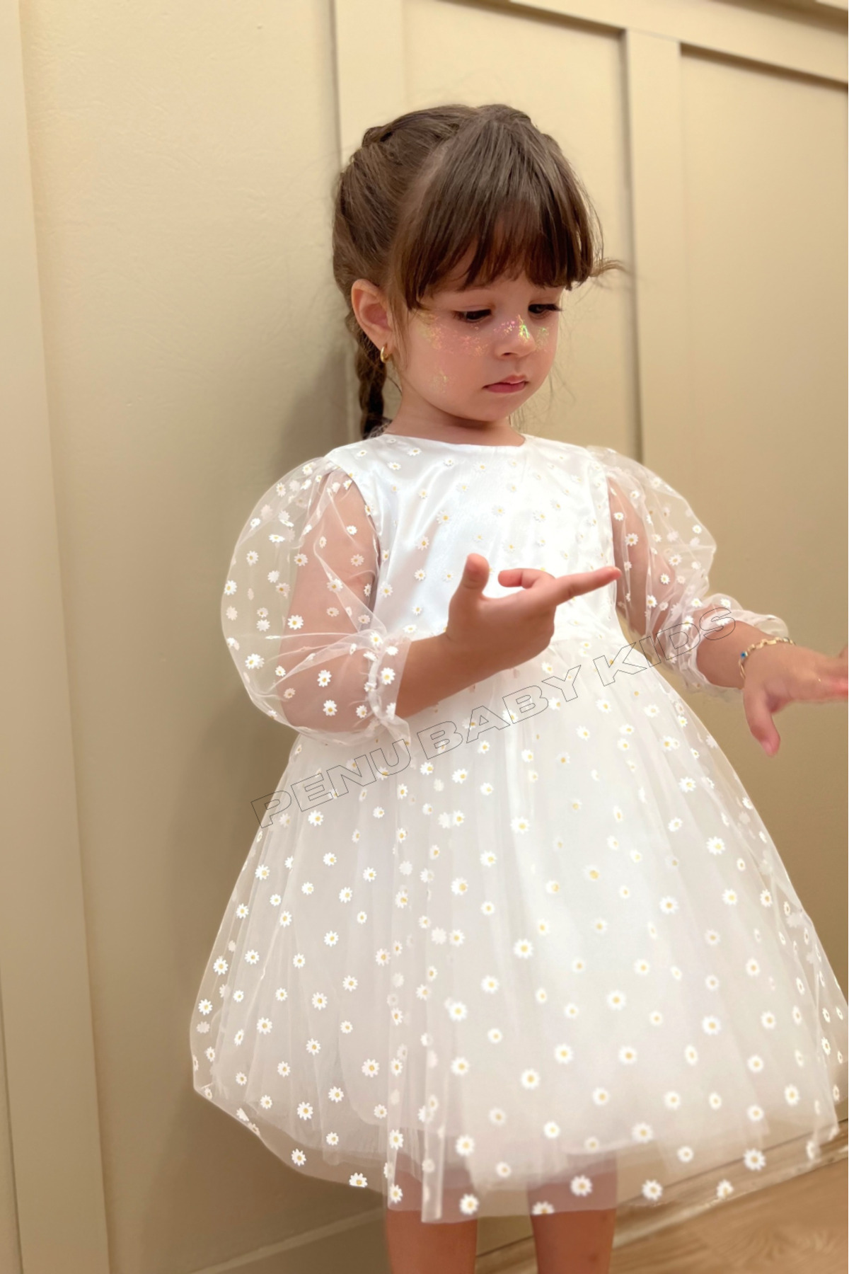 penu baby kids Beyaz Çiçek Desenli Tül Etekli Ve Truvakar Tül Kol Kız Bebek & Kız Çocuk Elbise - Flower fotoğrafı 6 (önizleme)