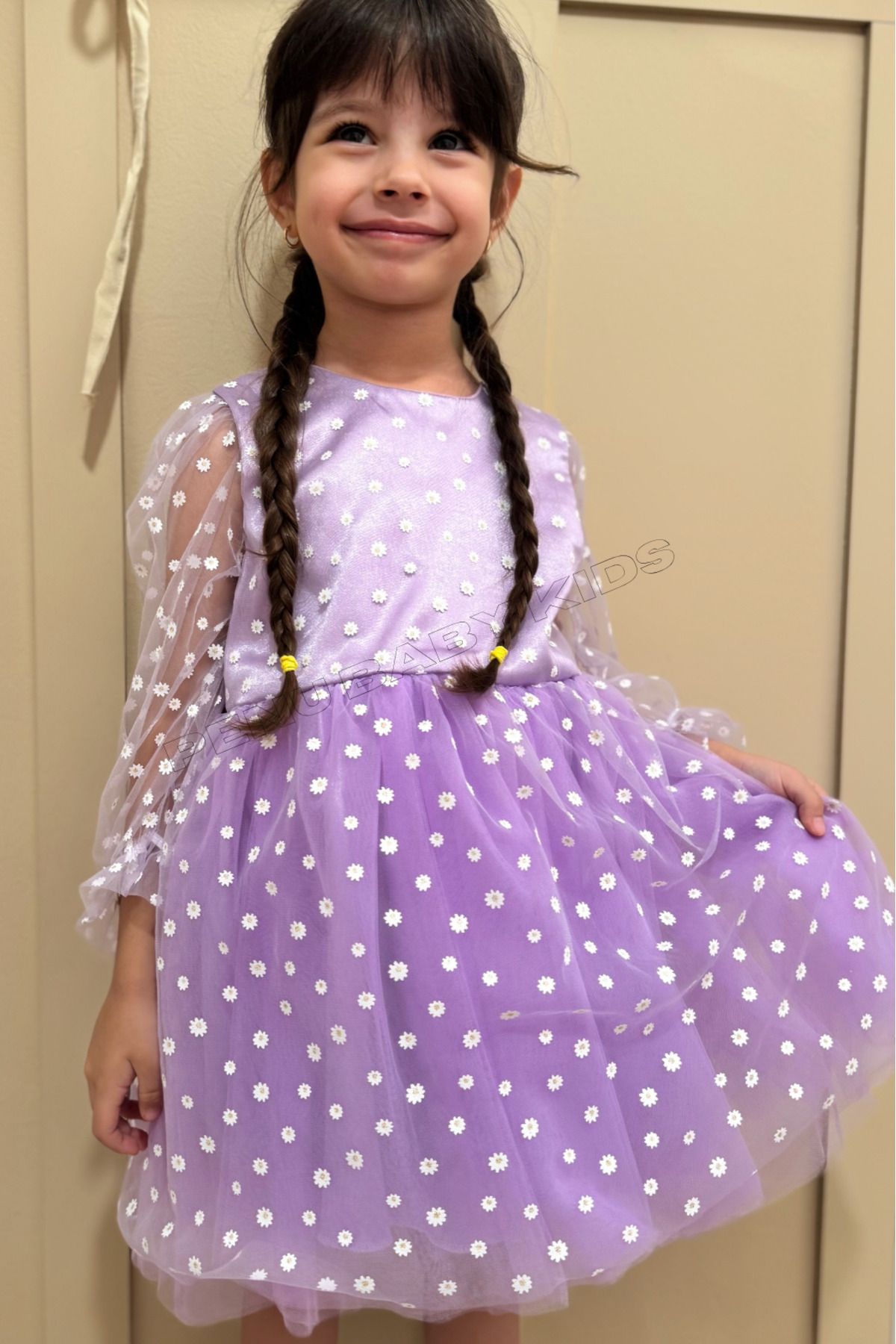 penu baby kids Lila Çiçek Desenli Tül Etekli Ve Truvakar Tül Kol Kız Bebek & Kız Çocuk Elbise - Flower fotoğrafı 6 (önizleme)