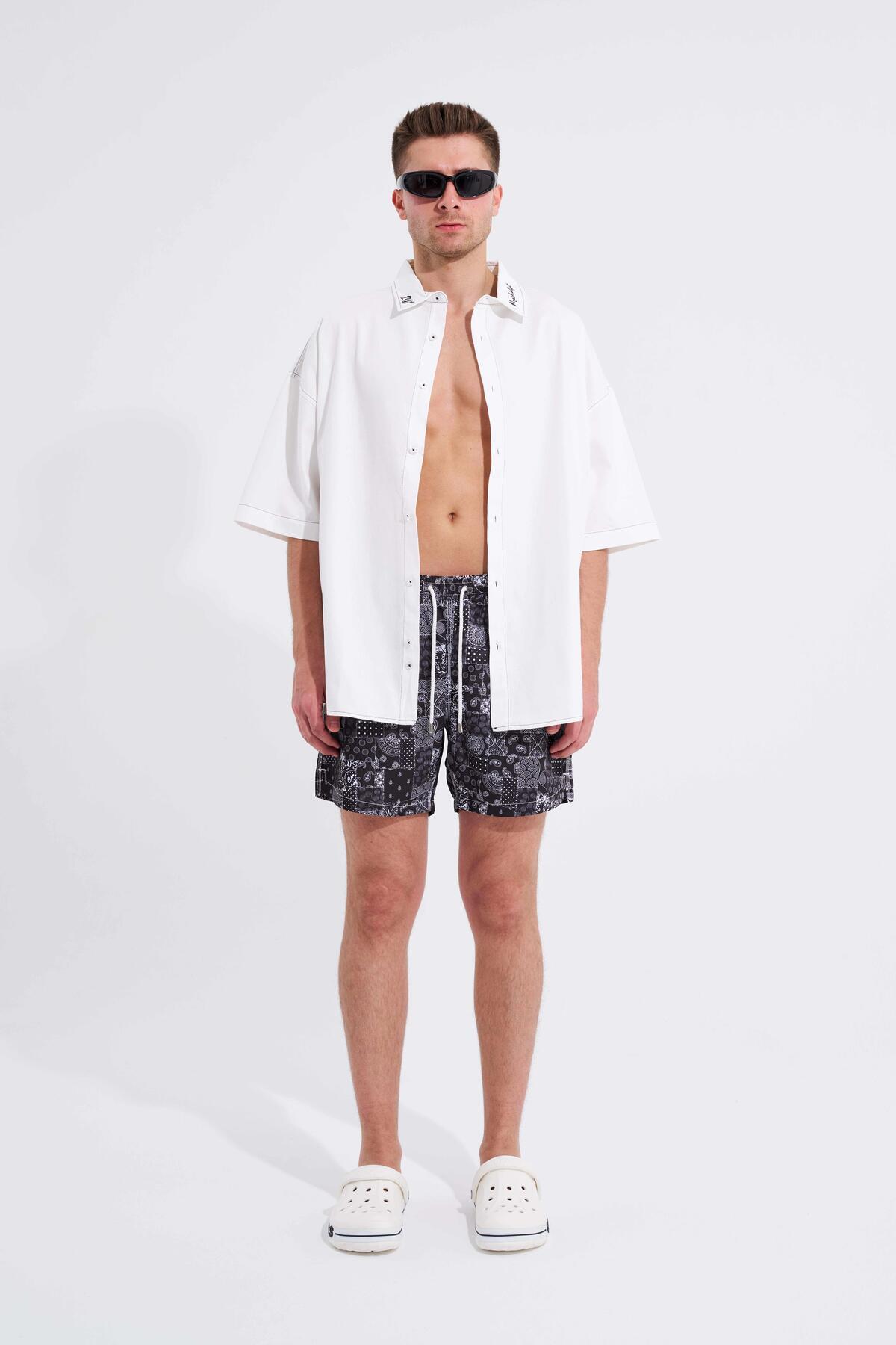 Machinist-Men's Black Swim Shorts - Patchwork Lines Printed 2