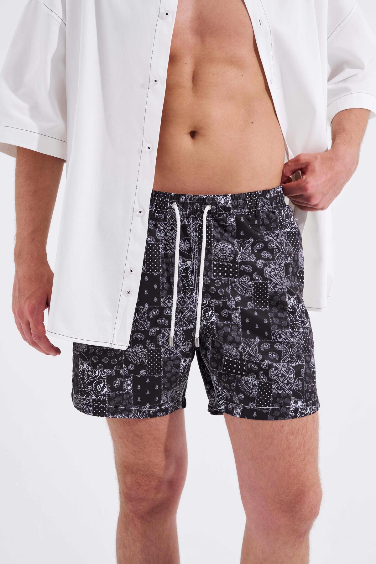 Machinist-Men's Black Swim Shorts - Patchwork Lines Printed 6